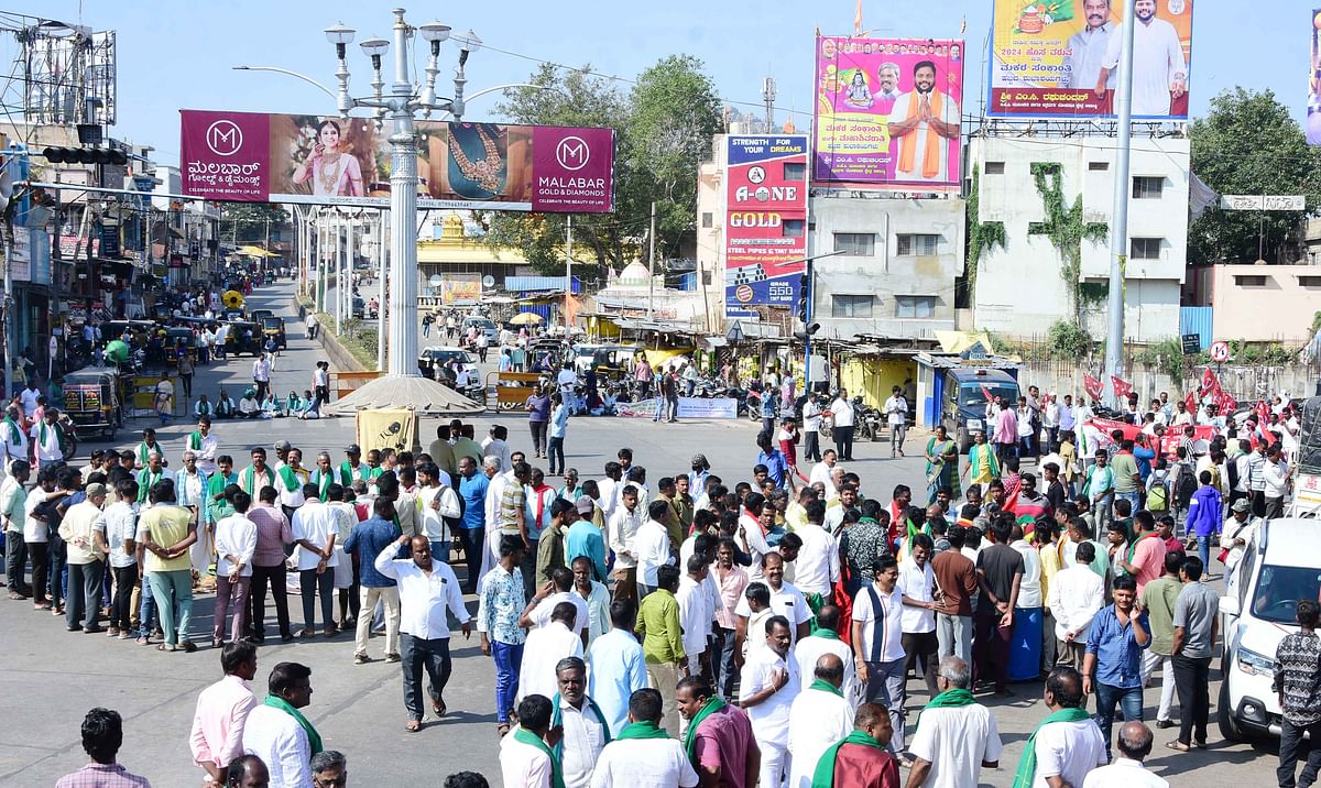 ಚಿತ್ರದುರ್ಗ ಬಂದ್‌ ನಡೆಸಿದ ಪ್ರತಿಭಟನಕಾರರು ಗಾಂಧಿ ವೃತ್ತದಲ್ಲಿ ಮಾನವ ಸರಪಳಿ ನಿರ್ಮಿಸಿ ಆಕ್ರೋಶ ವ್ಯಕ್ತಪಡಿಸಿದರು