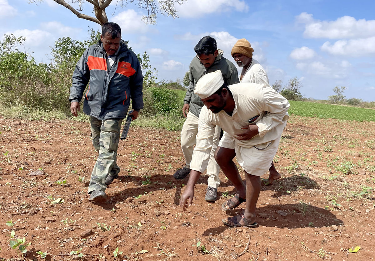 ಗಜೇಂದ್ರಗಡ ಭೈರಾಪೂರ ತಾಂಡಾದ ಜಮೀನಿನಲ್ಲಿ ಅರಣ್ಯ ಇಲಾಖೆ ಸಿಬ್ಬಂದಿಗಳಿಗೆ ಚಿರತೆ ಹೆಜ್ಜೆ ಗುರುತು ತೊರಿಸುತ್ತಿರುವ ಗ್ರಾಮಸ್ಥರು (ಸಂಗ್ರಹ ಚಿತ್ರ)