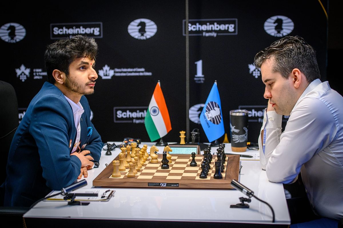 Toronto: Indian GM Vidit Gujrathi against Russian GM Ian Nepomniachtchi (playing under FIDE flag) during their round 11 match at the FIDE Candidates 2024 chess tournament in Toronto Canada Wednesday April 17 2024. (PTI Photo via FIDE/Michal Walusza)(PTI04_18_2024_000039A)