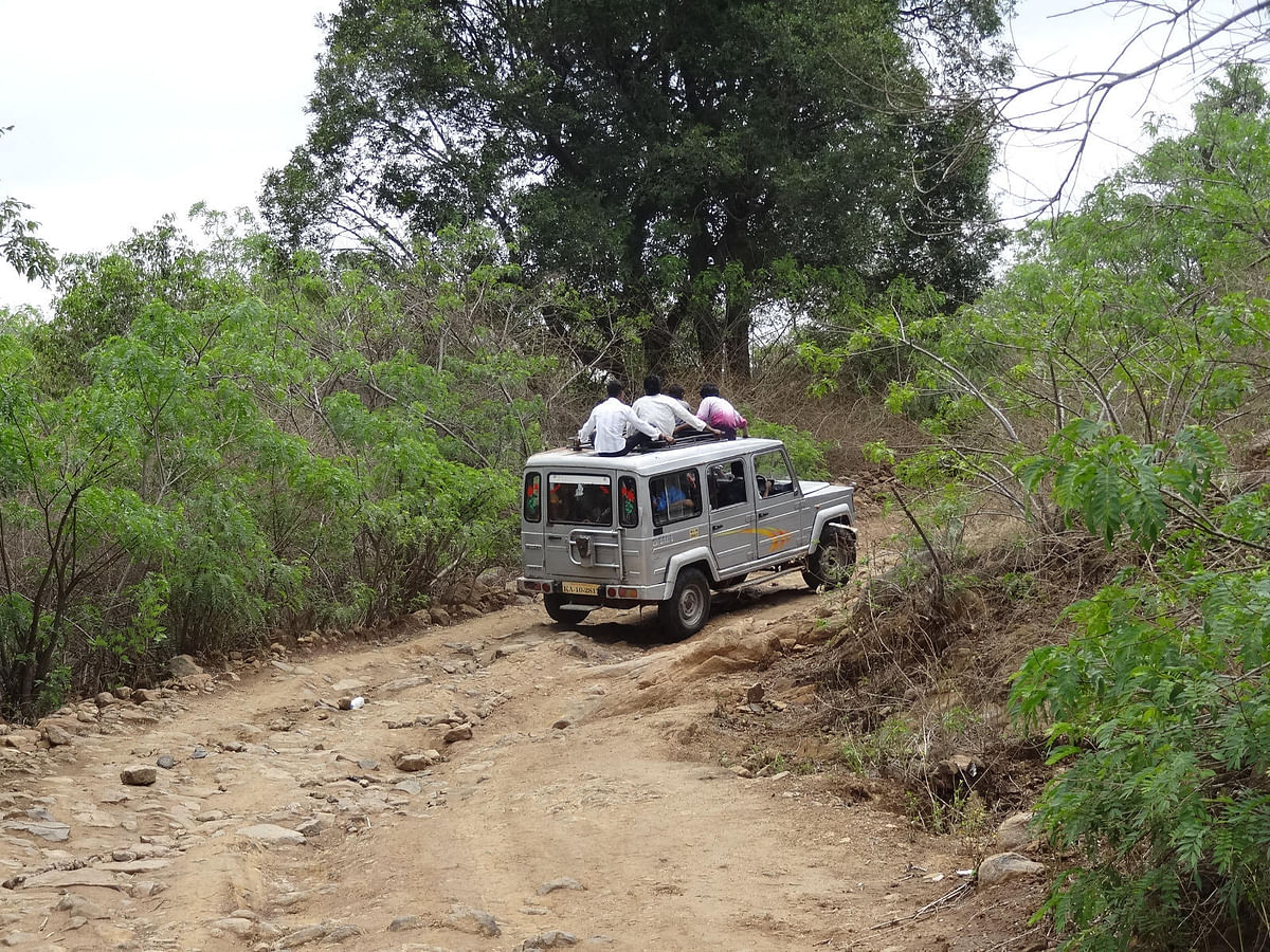 ನಾಗಮಲೆಗೆ ಹೋಗುತ್ತಿದ್ದ ಭಕ್ತರು ಪ್ರಯಾಣಿಕರು ವಾಹನದ ಟಾಪ್‌ನಲ್ಲಿ ಕುಳಿತು ಸಂಚರಿಸುತ್ತಿದ್ದರು