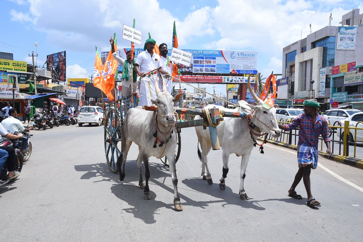 ನಗರದ ಸಿದ್ದಪ್ಪ ವೃತ್ತದಲ್ಲಿ ಬಿಜೆಪಿಯ ಜಿಲ್ಲಾ ಘಟಕದಿಂದ ಮಂಗಳವಾರ ಹಮ್ಮಿಕೊಂಡಿದ್ದ ಪ್ರತಿಭಟನೆ ಸಂದರ್ಭದಲ್ಲಿ ಚಕ್ಕಡಿ ಸವಾರಿ ಮಾಡಿದ ಕಾರ್ಯಕರ್ತರು