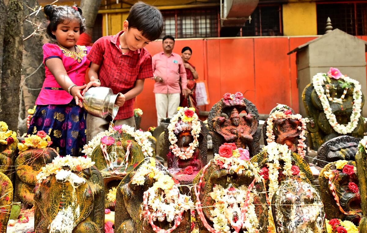 ಪುಟ್ಟ ಮಕ್ಕಳು ನಾಗರಪಂಚಮಿ ಪ್ರಯುಕ್ತ ನಾಗ ಶಿಲೆಯ ಅಭಿಷೇಕ ಸಲ್ಲಿಸುತ್ತಿರುವುದು ಬೆಂಗಳೂರಿನ ಬಸವನಗುಡಿಯಲ್ಲಿ ಕಂಡು ಬಂತು. ಪ್ರಜಾವಾಣಿ ಚಿತ್ರ ಕಿಶೋರ್ ಕುಮಾರ್ ಬೋಳಾರ್