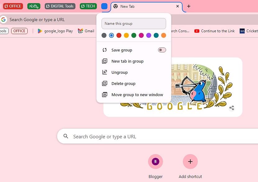 ಟ್ಯಾಬ್ ಗ್ರೂಪ್ಸ್ ರಚಿಸಲು ಬ್ರೌಸರ್ ವಿಂಡೋದ ಬಲ ಮೇಲ್ತುದಿಯಲ್ಲಿ ರೈಟ್-ಕ್ಲಿಕ್ ಮಾಡಿದಾಗ ಕಾಣಿಸುವ ಮೆನು. ಹಾಗೂ ಈಗಾಗಲೇ ರಚಿಸಲಾಗಿರುವ ಗ್ರೂಪ್ಸ್ (ಬೇರೆ ಬೇರೆ ಬಣ್ಣಗಳಲ್ಲಿ).