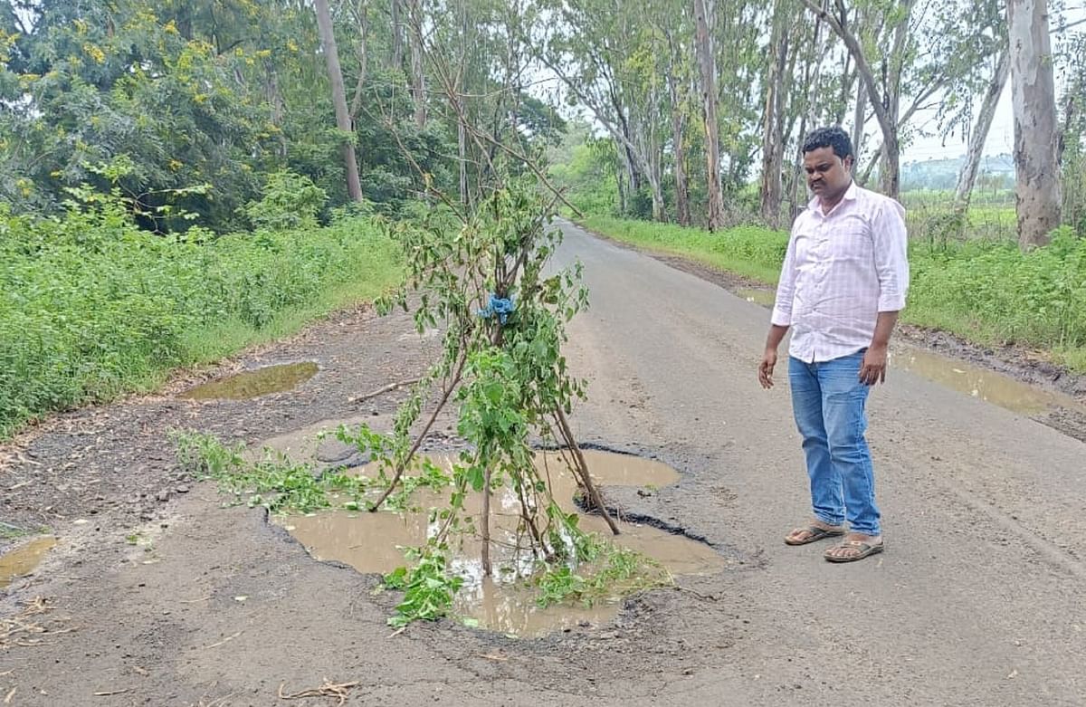 ಚಿಂಚೋಳಿ ತಾಲ್ಲೂಕು ಸುಲೇಪೇಟ ಹೊಡೇಬೀರನಹಳ್ಳಿ ಮಧ್ಯೆ ರಾಜ್ಯ ಹೆದ್ದಾರಿ 32ರಲ್ಲಿ ಗುಂಡಿಗೆ ಗಿಡದ ಟೊಂಗೆಗಳಿಂದ ಅಪಾಯದ ಸೂಚನೆ ನೀಡುತ್ತಿರುವುದು ಮುಖಂಡ ಅಮರ ಲೊಡ್ಡನೋರ ತೋರಿಸಿದರು