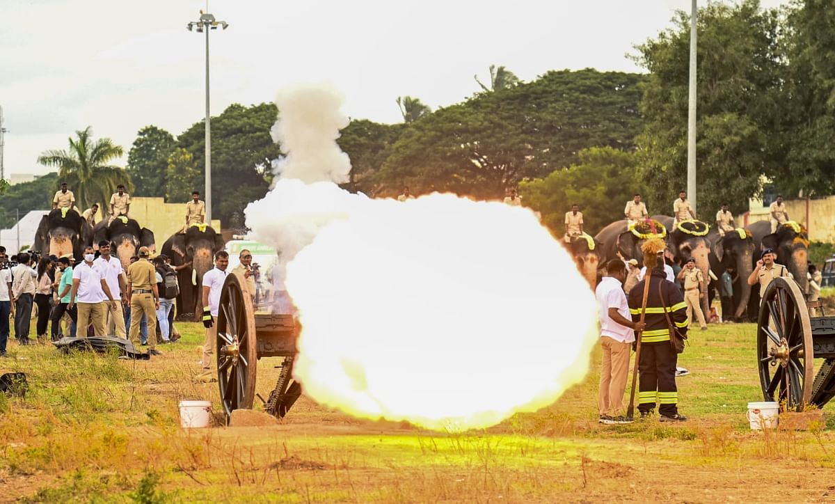 ದಸರಾ ಮಹೋತ್ಸವ: ಕುಶಲ ತೋಪು ತಾಲೀಮು... ಮೈಸೂರು ದಸರಾ ಮಹೋತ್ಸವದ ಪೂರ್ವಭಾವಿಯಾಗಿ ಗುರುವಾರ ವಸ್ತು ಪ್ರದರ್ಶನ ಆವರಣದಲ್ಲಿ ಫಿರಂಗಿಗಳಿಂದ ಸಿಡಿಮದ್ದು ಸಿಡಿಸುವ ತಾಲೀಮು ನಡೆಯಿತು. 