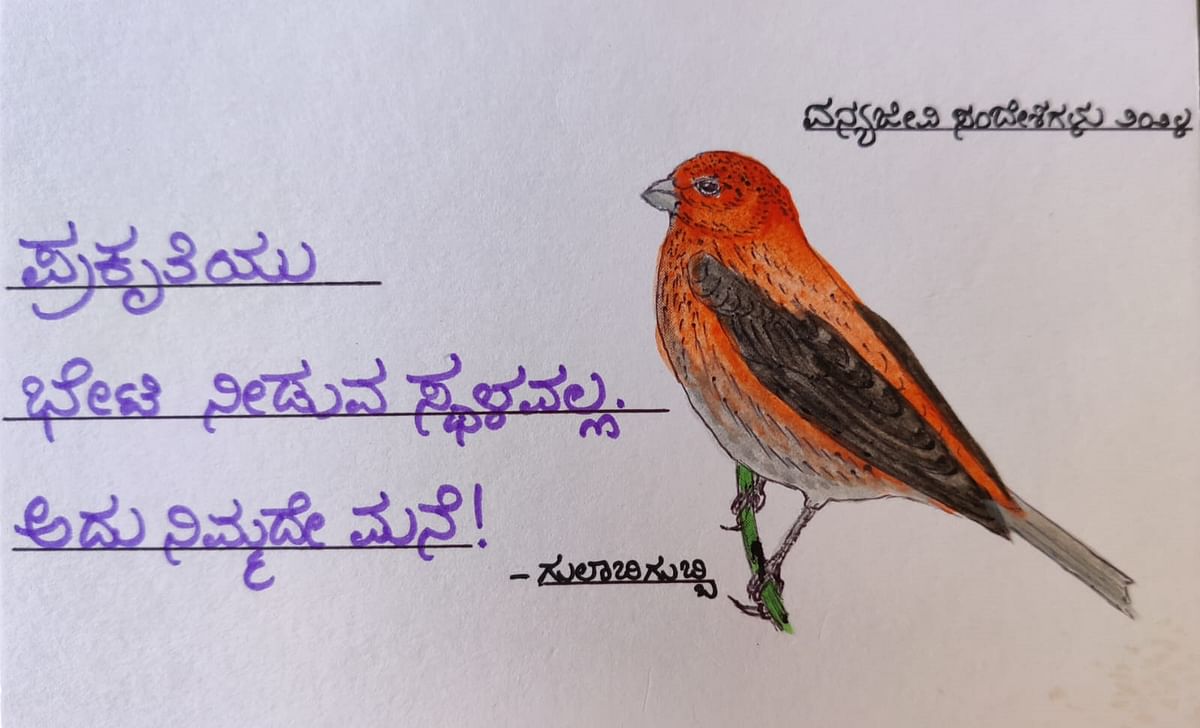 ಡಾ.ಎಸ್.ವಿ.ನರಸಿಂಹನ್ ಅವರು ಕೈಯಿಂದಲೇ ಬರೆದಿರುವ ಪಕ್ಷಿಯ ಚಿತ್ರ ಹಾಗೂ ವನ್ಯಜೀವಿ ಸಂದೇಶ ಪತ್ರ