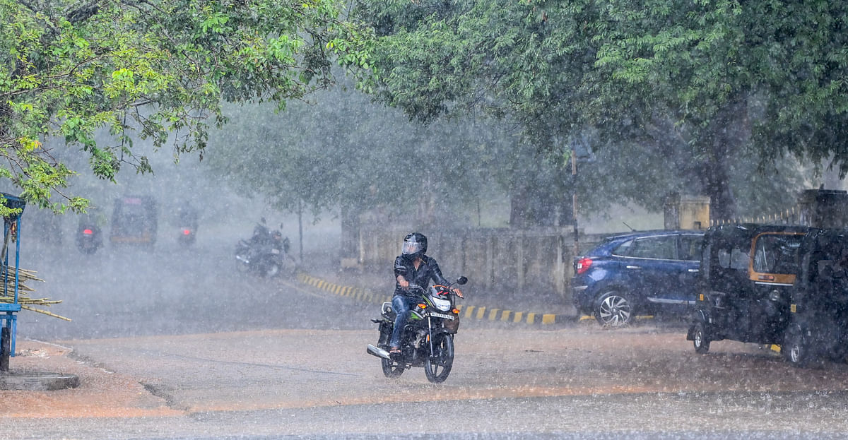 ಮೈಸೂರಿನ ಜೆ.ಎಲ್.ಬಿ ರಸ್ತೆಯಲ್ಲಿ ಸೋಮವಾರ ಸುರಿದ ಮಳೆಯಲ್ಲಿ ವಾಹನ ಸವಾರರು ಸಾಗಿದ ಪರಿ -ಪ್ರಜಾವಾಣಿ ಚಿತ್ರ/ಅನೂಪ್ ರಾಘ. ಟಿ.