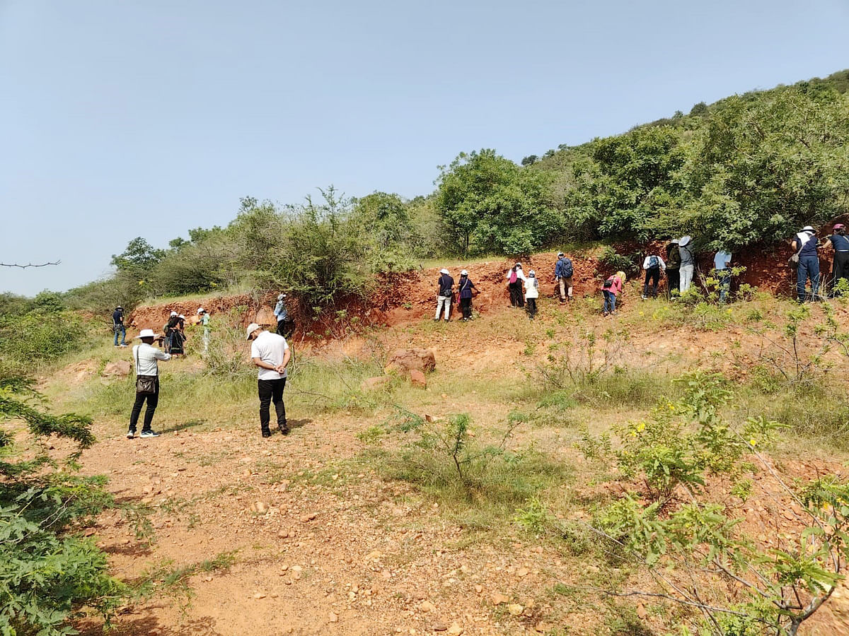 ಬಾದಾಮಿ ಸಮೀಪದ ಮಲಪ್ರಭಾ ನದಿ ದಂಡೆಯ ಕಾತರಕಿ ಗ್ರಾಮದ ಬೆಟ್ಟದಲ್ಲಿ ವಿದ್ಯಾರ್ಥಿಗಳು ಶಿಲಾಯುಧ ಶೋಧನೆಯಲ್ಲಿ ತೊಡಗಿದ್ದರು