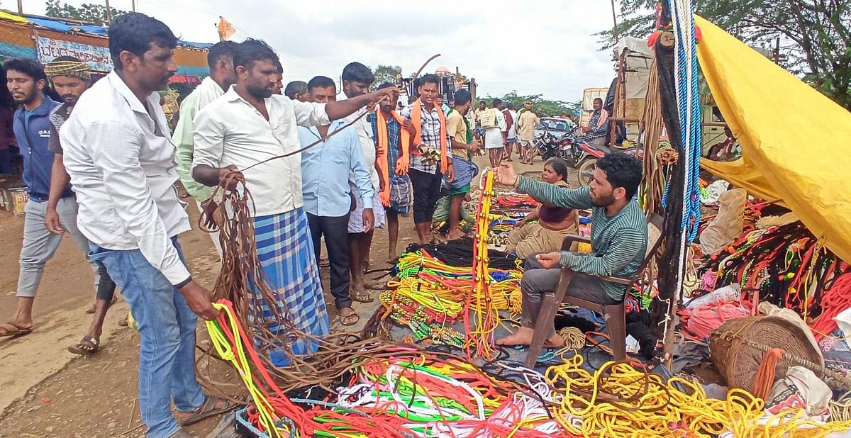 ದೇವರಗುಡ್ಡ ಜಾನುವಾರು ಜಾತ್ರೆಯಲ್ಲಿ ರೈತರು ರಾಸುಗಳಿಗೆ ಹಿಡೆ ಹಗ್ಗ ಮೂಗುದಾರ ಮಕಾಡ ಬಾರುಕೋಲು ಗೊಂಡೆ ಕೊಳ್ಳಂಗಡ ಖರೀದಿಸಿದರು.