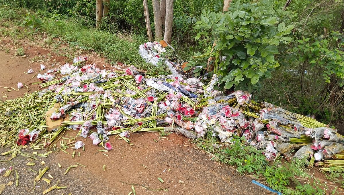 ಆನೇಕಲ್‌ ತಾಲ್ಲೂಕಿನ ಅಗ್ರಹಾರ ಸಮೀಪ ರೈತರು ತಾವು ಬೆಳೆದ ಬೆಳೆಯನ್ನು ರಸ್ತೆ ಬದಿಯಲ್ಲಿ ಹಾಕಿರುವುದು