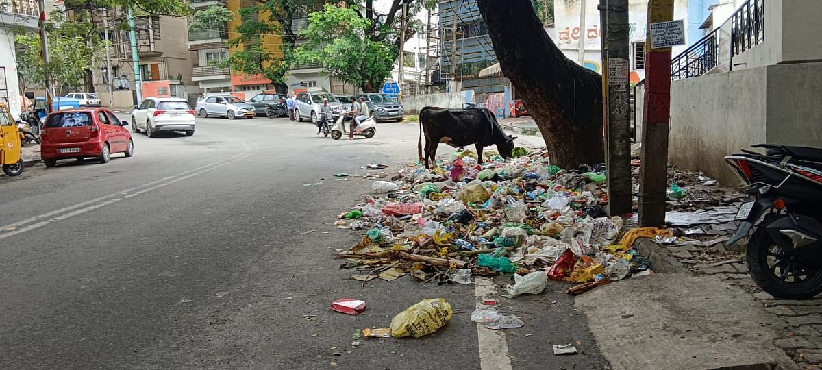 ನಾಗರಬಾವಿ ಮಾರುತಿ ಮಂದಿರದ ಪಾದಚಾರಿ ಮಾರ್ಗದಲ್ಲಿ ಬಿದ್ದಿರುವ ಕಸದ ರಾಶಿ