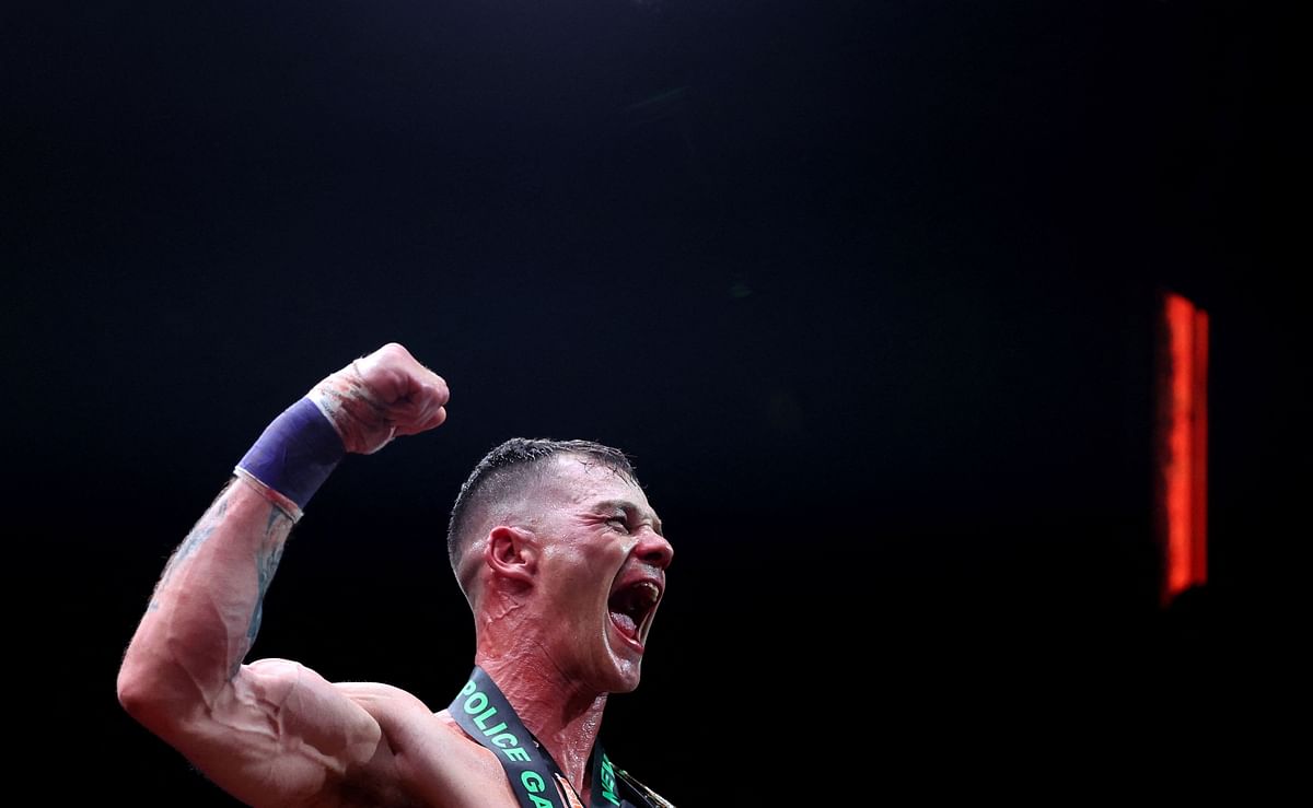 Professional bareknuckle boxer Jones celebrates victory during BKB 31 at Indigo at The O2 Arena in London