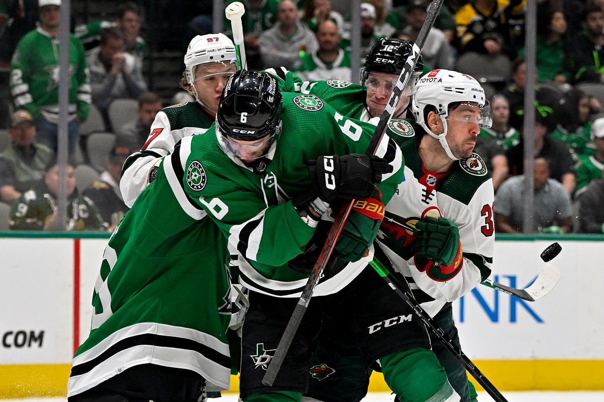 Apr 17, 2023; Dallas, Texas, USA; Minnesota Wild left wing Kirill Kaprizov  during the second overtime period in game one of the first round of the 2023 Stanley Cup Playoffs at the American Airlines Center. Mandatory Credit: Jerome Miron-USA TODAY Sports