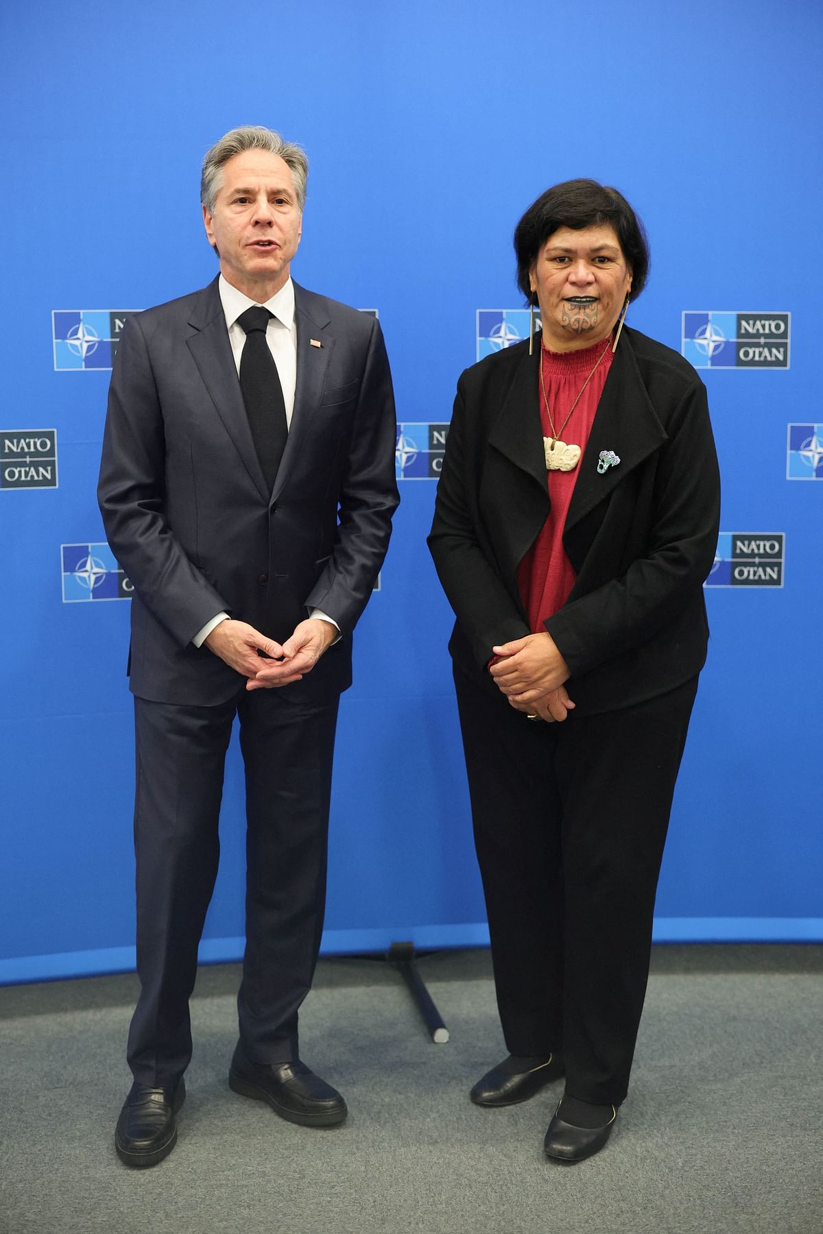 US Secretary of State Antony Blinken and New Zealand Foreign Minister Nanaia Mahuta pose ahead to a meeting during NATO foreign ministers at NATO headquarters in Brussels, Belgium, 05 April 2023. North Atlantic Council will focus Sweden and Indo-Pacific partners.    OLIVIER MATTHYS/Pool via REUTERS