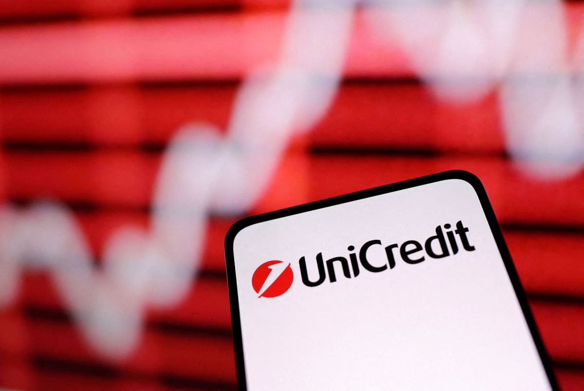 FILE PHOTO: Unicredit bank logo and rising stock graph are seen in this illustration taken March 12, 2023. REUTERS/Dado Ruvic/Illustration/File Photo