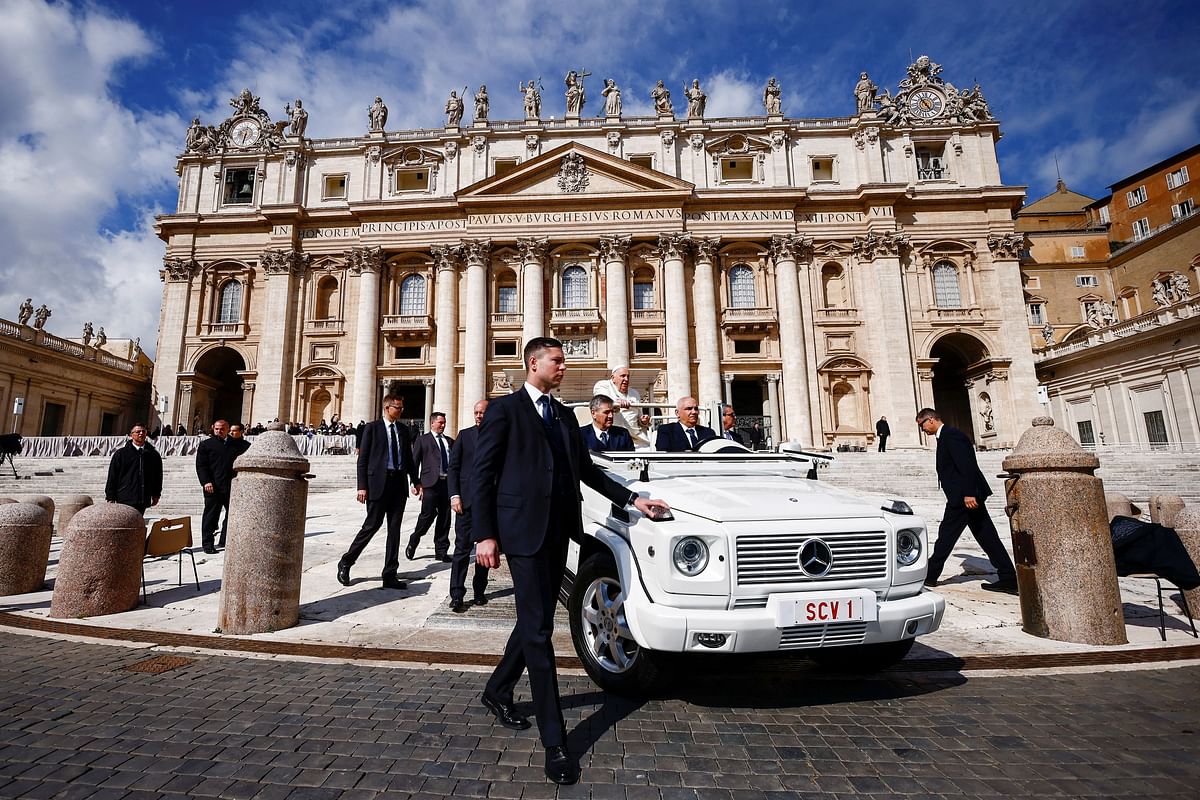 Pope Francis looks on as he attends the weekly general audience in St. Peter's Square at the Vatican, March April 5, 2023. REUTERS/Yara Nardi