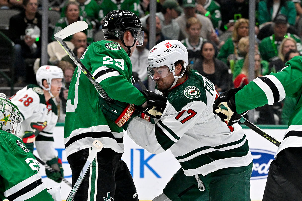 Apr 19, 2023; Dallas, Texas, USA; Dallas Stars defenseman Esa Lindell  battle for position in the Stars crease during the third period in game two of the first round of the 2023 Stanley Cup Playoffs at American Airlines Center. Mandatory Credit: Jerome Miron-USA TODAY Sports