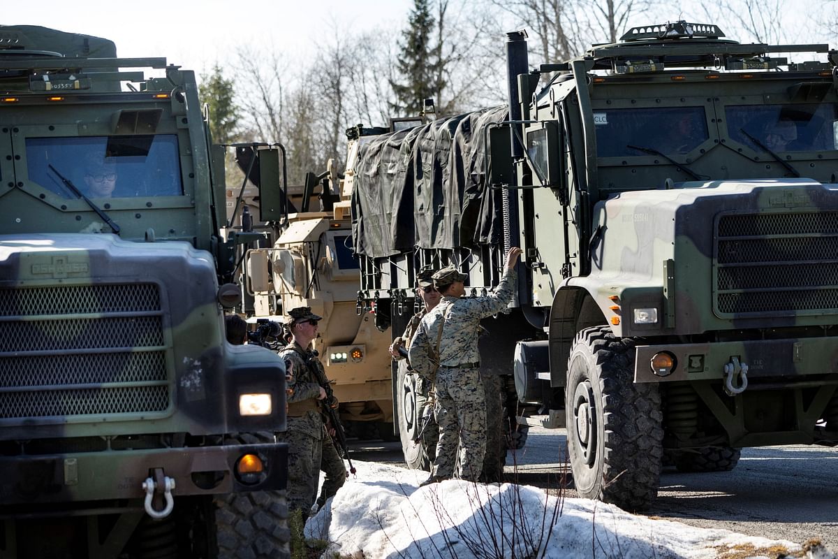 An American battalion arrives in Ostersund, Sweden after driving across the border from Norway, to attend the Defence exercise Aurora 23, April 17, 2023.  The Aurora 23 military exercise will be held between 17 April and 11 May 2023 and its one of the largest in Sweden in many years, with around 26,000 people to participate. TT News Agency/Pontus Lundahl  via REUTERS      ATTENTION EDITORS - THIS IMAGE WAS PROVIDED BY A THIRD PARTY. SWEDEN OUT. NO COMMERCIAL OR EDITORIAL SALES IN SWEDEN.