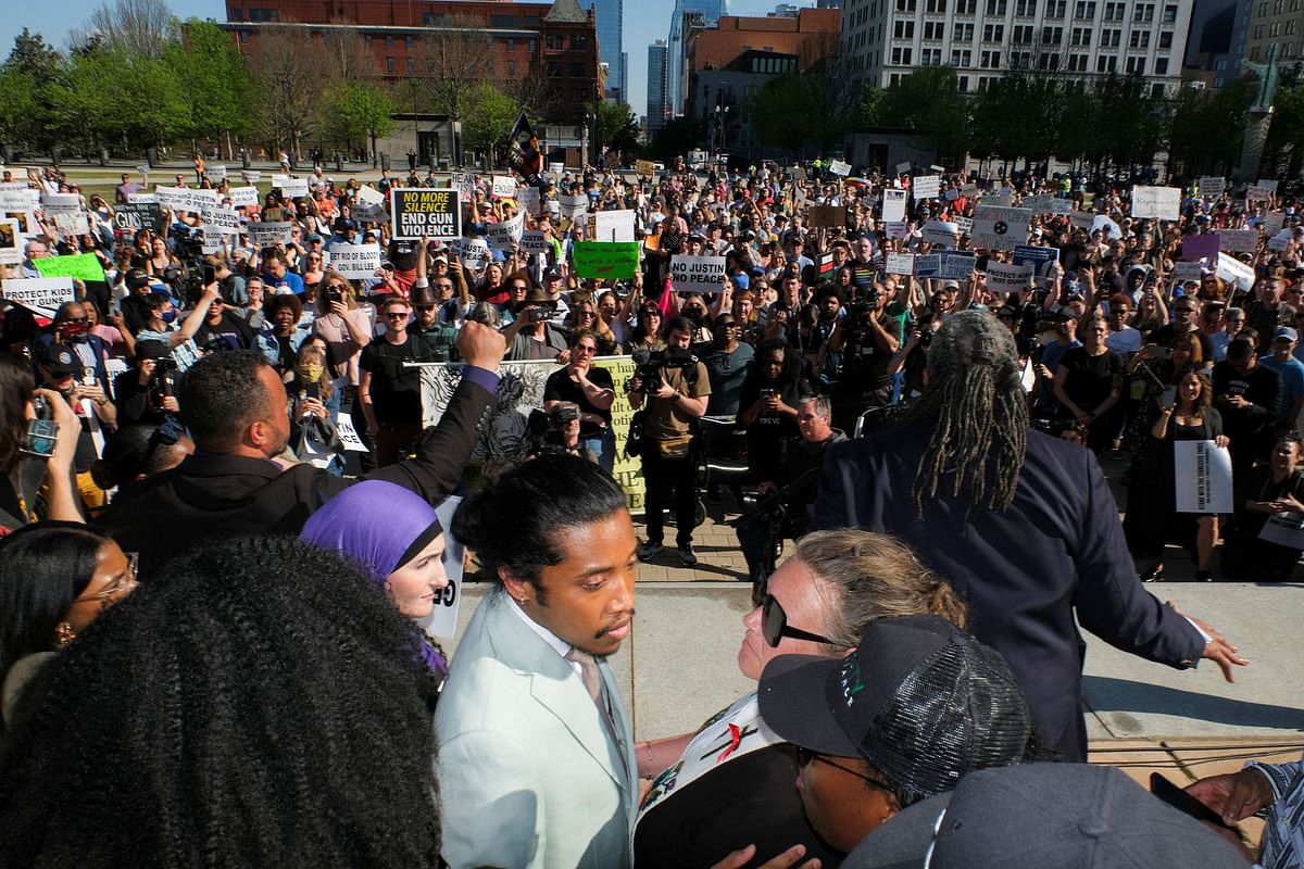 Justin Jones gets ready to speak to his supporters in Public Square Park ahead of his reinstatement vote by the city council, in Nashville, Tennessee, U.S. April 10, 2023.  REUTERS/Kevin Wurm  NO RESALES. NO ARCHIVES