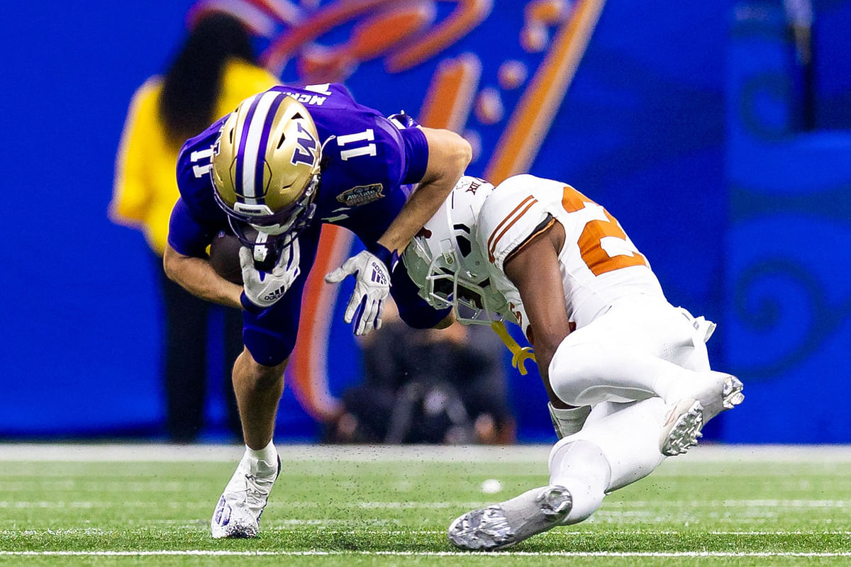 Jan 1, 2024; New Orleans, LA, USA; \Washington Huskies wide receiver Jalen McMillan  during the second quarter of the 2024 Sugar Bowl college football playoff semifinal game at Caesars Superdome. Mandatory Credit: Stephen Lew-USA TODAY Sports