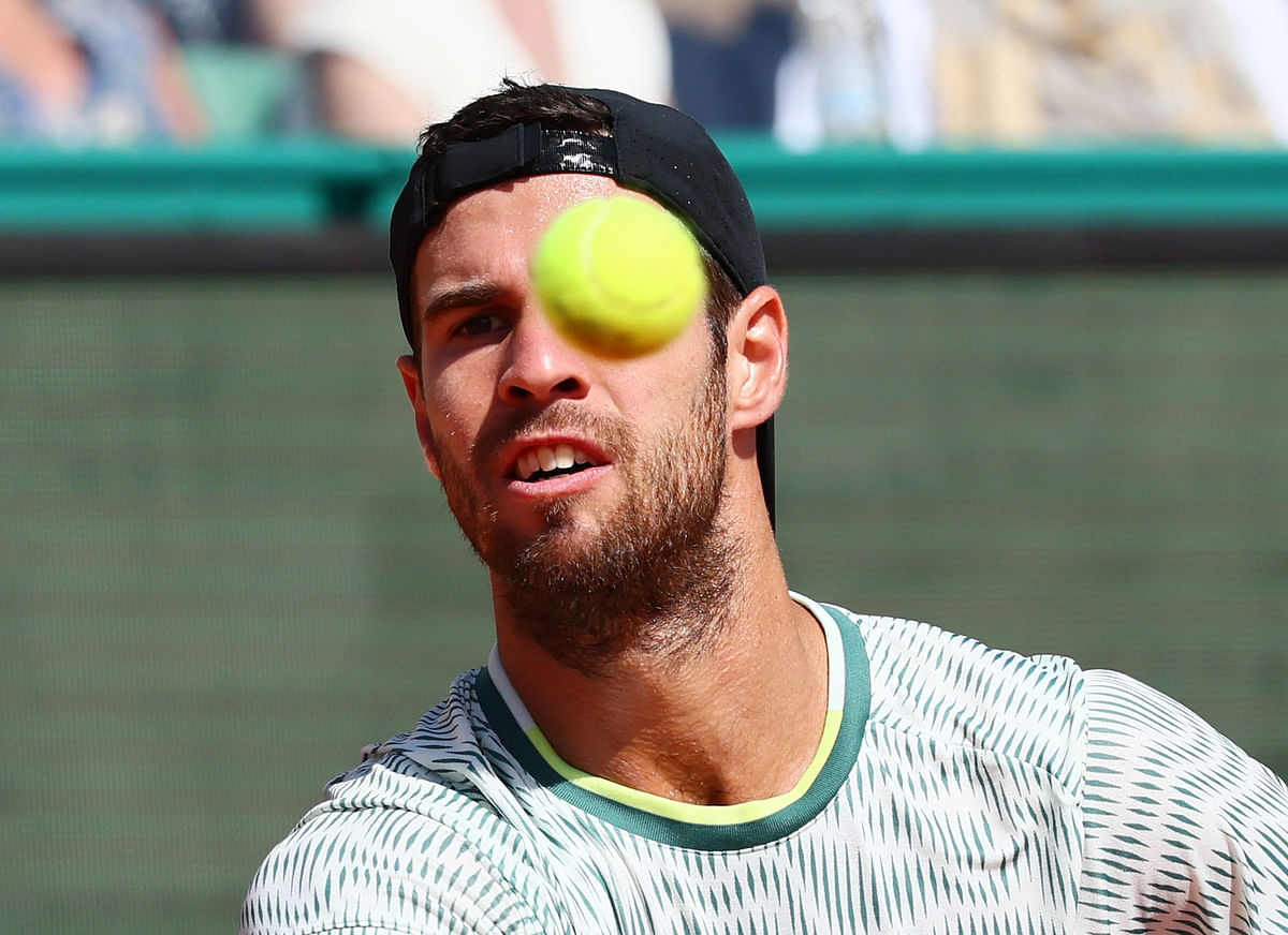 Tennis - ATP Masters 1000 - Monte Carlo Masters - Monte Carlo Country Club, Roquebrune-Cap-Martin, France - April 12, 2024 Russia's Karen Khachanov in action during his quarter final match against Greece'sStefanos Tsitsipas REUTERS/Denis Balibouse