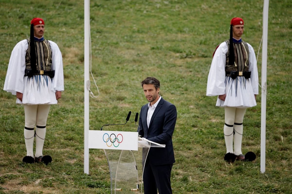 Paris 2024 Olympics - Olympic Flame Lighting Ceremony - Ancient Olympia, Greece - April 16, 2024 President of the Organising Committee of the Olympic and Paralympic Games "Paris 2024", Tony Estanguet gives a speech during the flame lighting ceremony for the Paris 2024 Olympics REUTERS/Louisa Gouliamaki