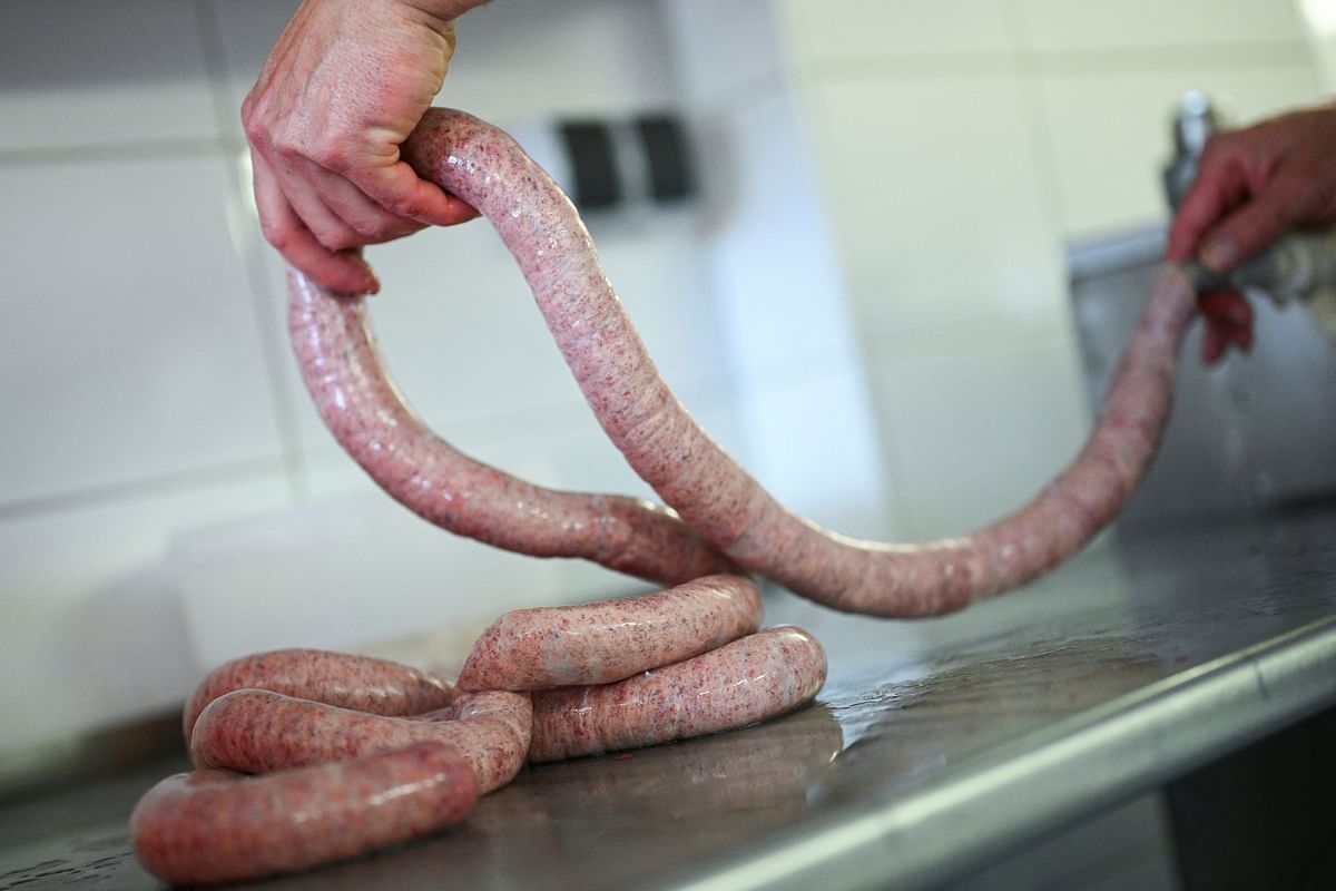 Hunter Michael Reiss makes sausages from racoon meat, mixed with deer meat in the meat processing room at his wild butcher farm shop "Wildererhuette", where he processes racoon meat into sausages and meatballs, in Kade, state of Saxony-Anhalt, Germany April 11, 2024. REUTERS/Annegret Hilse
