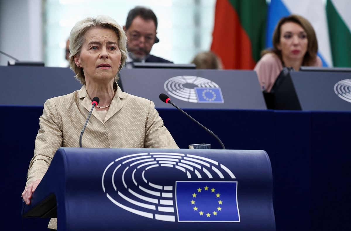 European Commission president Ursula von der Leyen speaks at the European Parliament, in Strasbourg, France October 9, 2024. REUTERS/Yves Herman