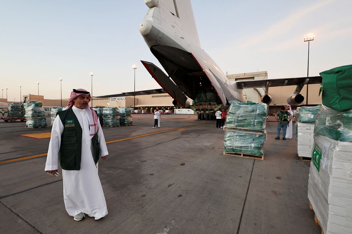 Boxes with aid from The King Salman Humanitarian Aid &amp; Relief Center, meant for Lebanon, are kept to be loaded onto a cargo aircraft.