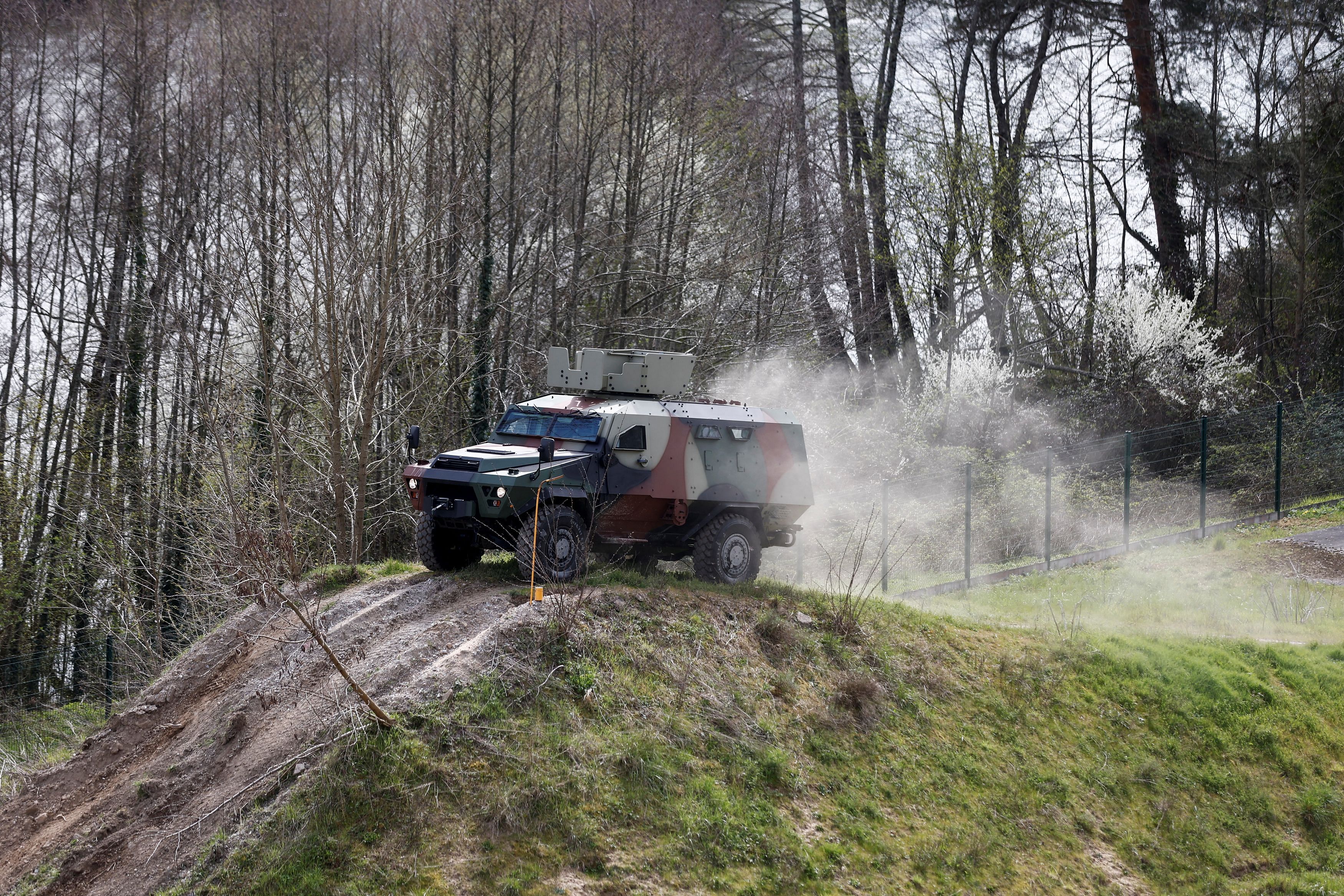 A Bastion 4x4 armored personnel carrier vehicle is pictured on the test track at the Arquus military vehicle production plant, a unit of Volvo AB, in Limoges, France, April 6, 2023. REUTERS/Benoit Tessier