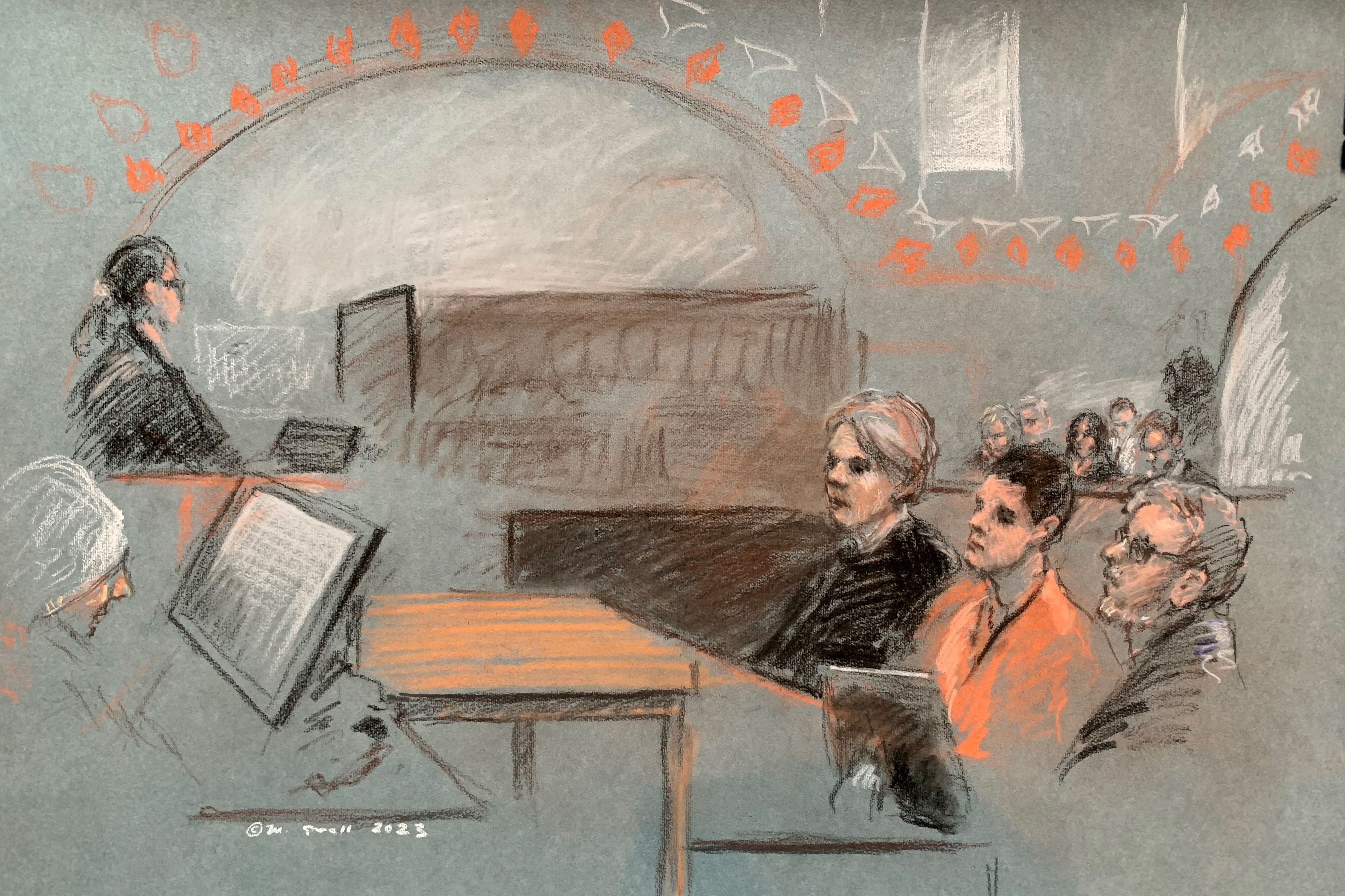 Jack Douglas Teixeira, a U.S. Air Force National Guard airman accused of leaking highly classified military intelligence records online, appears wearing an orange jumpsuit, where the judge accepted his request to waive his right to a preliminary hearing in Boston, Massachusetts, U.S. April 19, 2023 in a courtroom sketch. REUTERS/Margaret Small. NO RESALES. NO ARCHIVES.