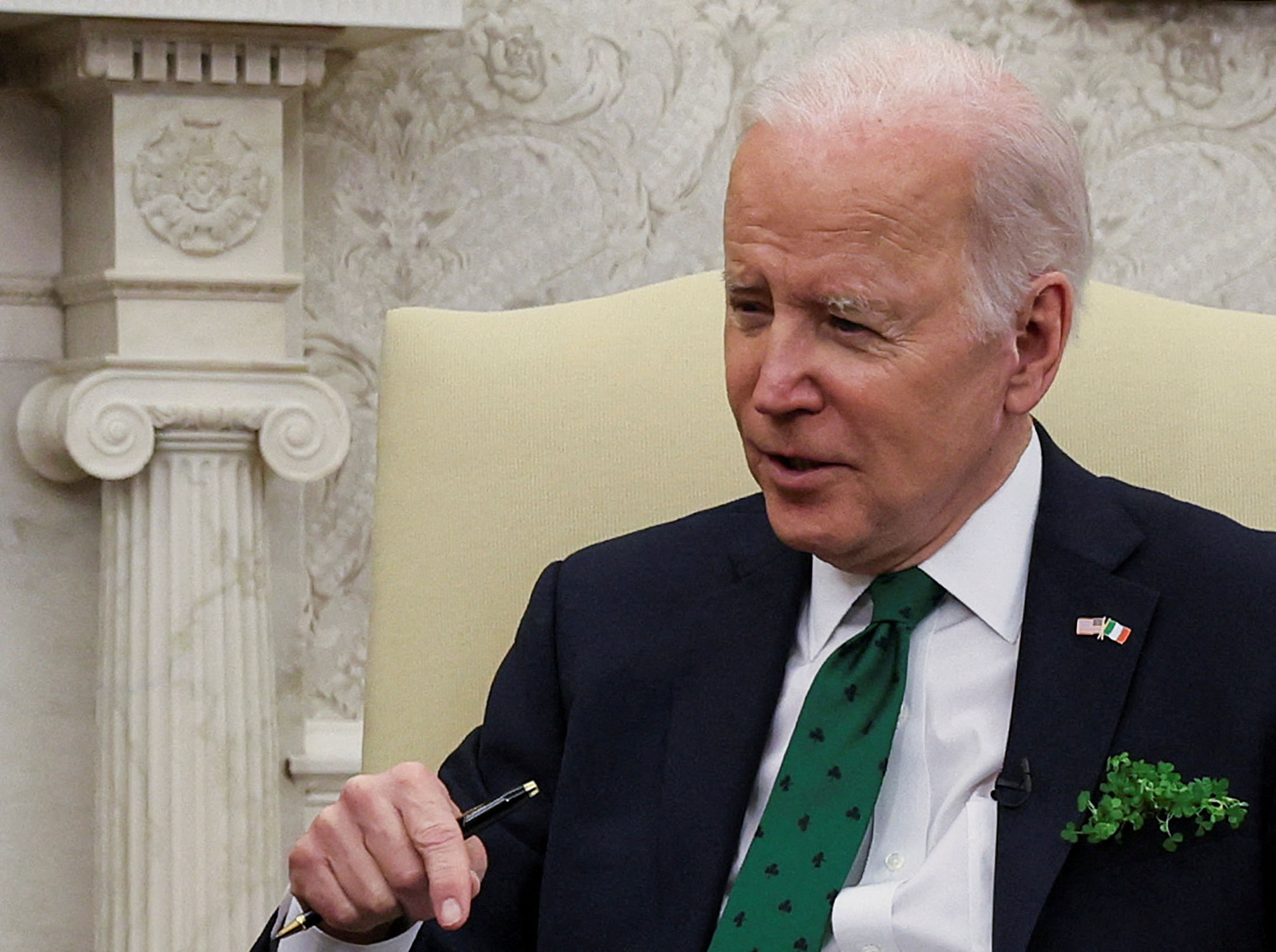 <div class="paragraphs"><p>FILE PHOTO: U.S. President Joe Biden speaks while hosting a virtual St. Patrick's Day meeting with Ireland's Prime Minister Micheal Martin after Irish Taoiseach Martin tested positive for coronavirus disease  after arriving in Washington, in the Oval Office at the White House in Washington, U.S., March 17, 2022.</p></div>