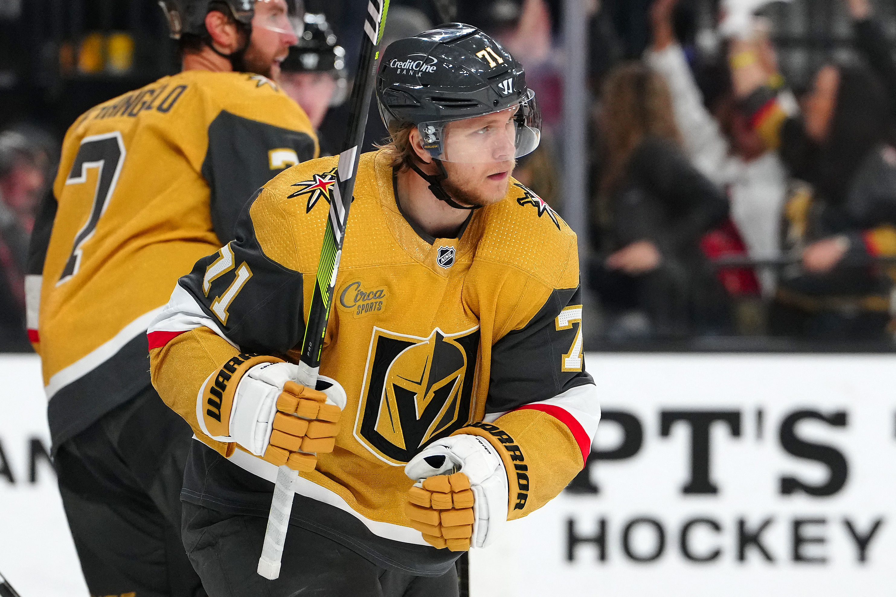 <div class="paragraphs"><p>Apr 27, 2023; Las Vegas, Nevada, USA; Vegas Golden Knights center William Karlsson  skates to the bench after scoring a goal against the Winnipeg Jets during the second period of game five of the first round of the 2023 Stanley Cup Playoffs </p></div>