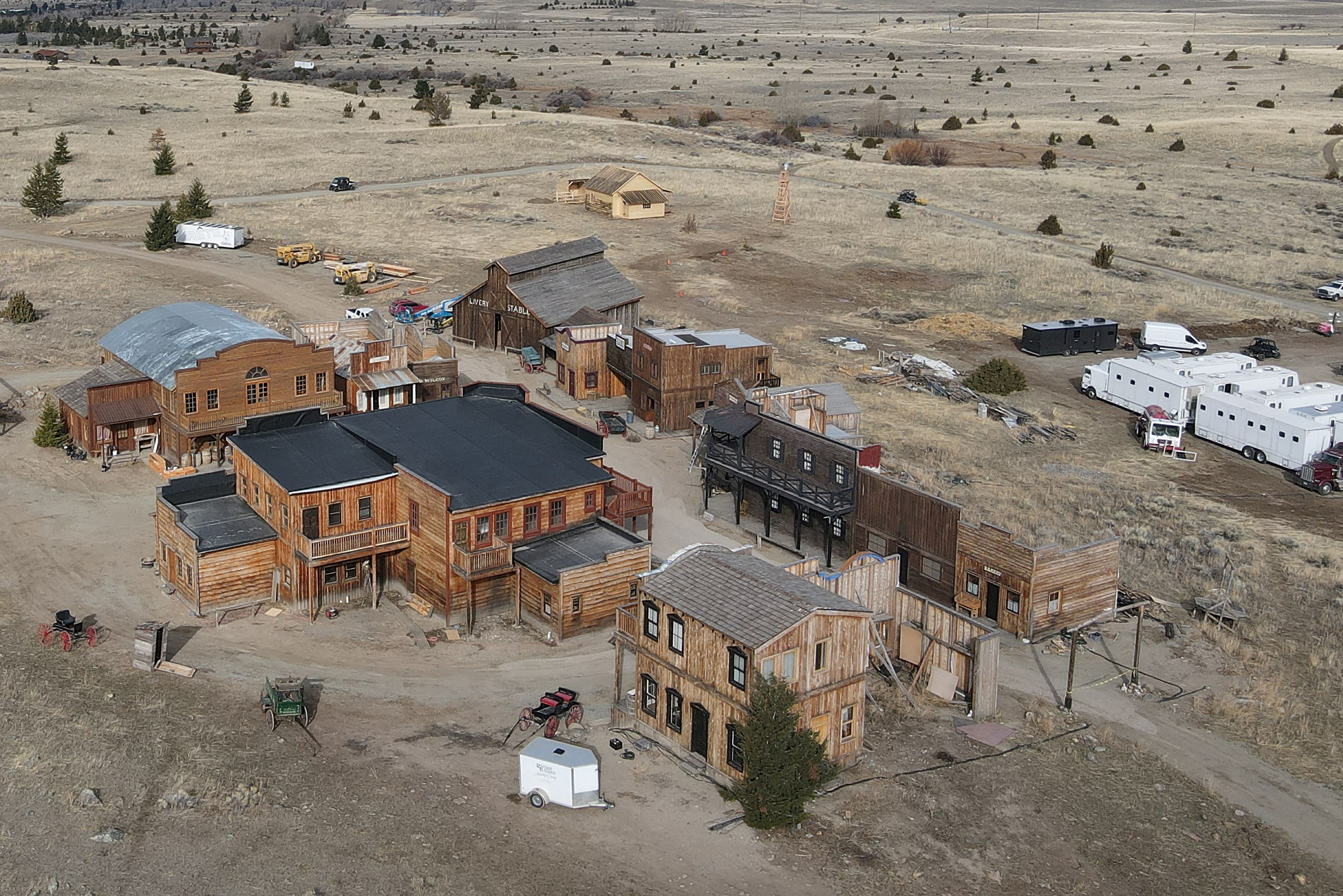 Buildings used on the set of the movie "Rust" are seen after filming resumed following the 2021 shooting death in New Mexico of cinematographer Halyna Hutchins, in Livingston, Montana, U.S. April 22, 2023.  REUTERS/Drone Base