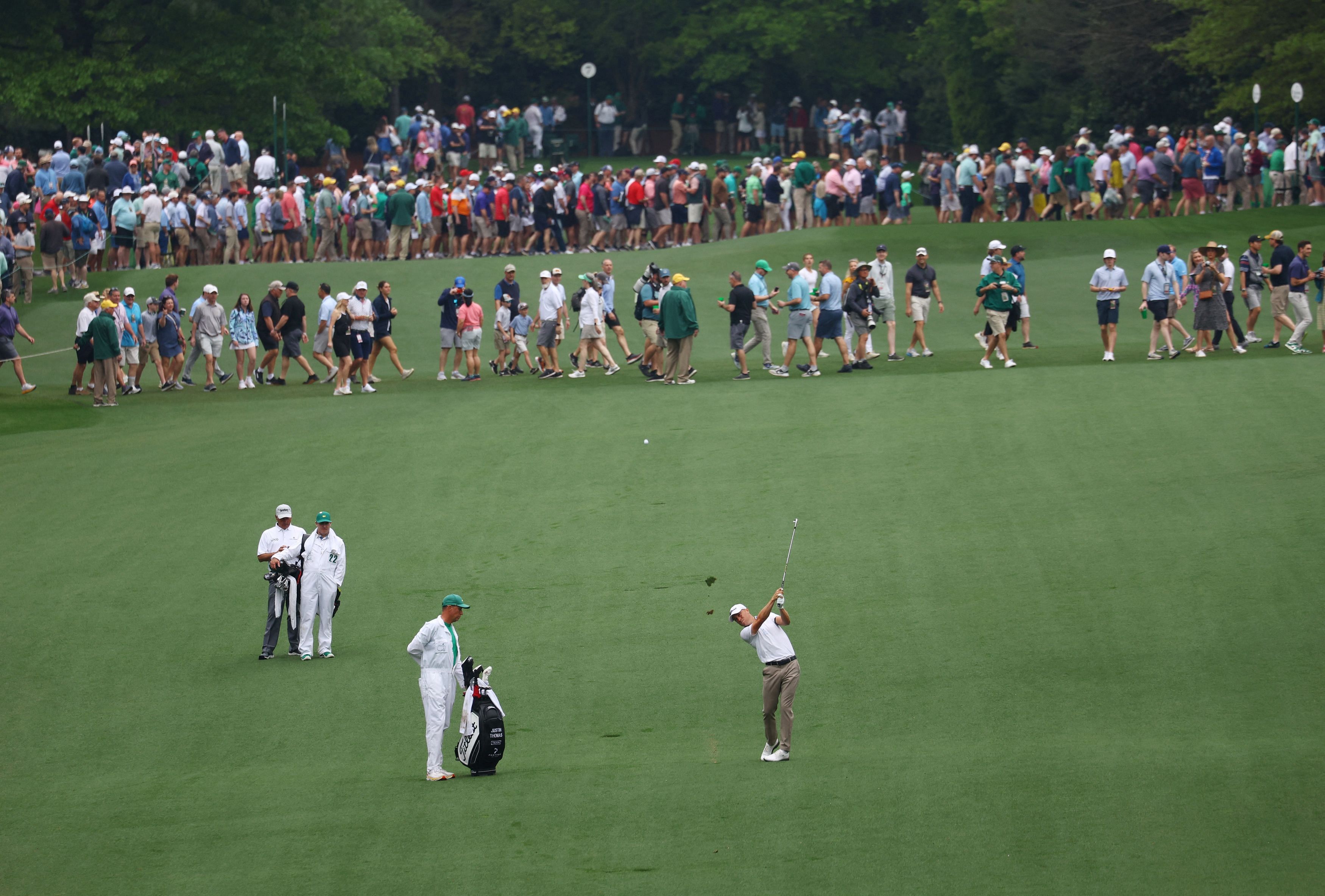 Golf - The Masters - Augusta National Golf Club - Augusta, Georgia, U.S. - April 4, 2023 Justin Thomas of the U.S. hits his approach to the 7th during a practice round REUTERS/Mike Segar