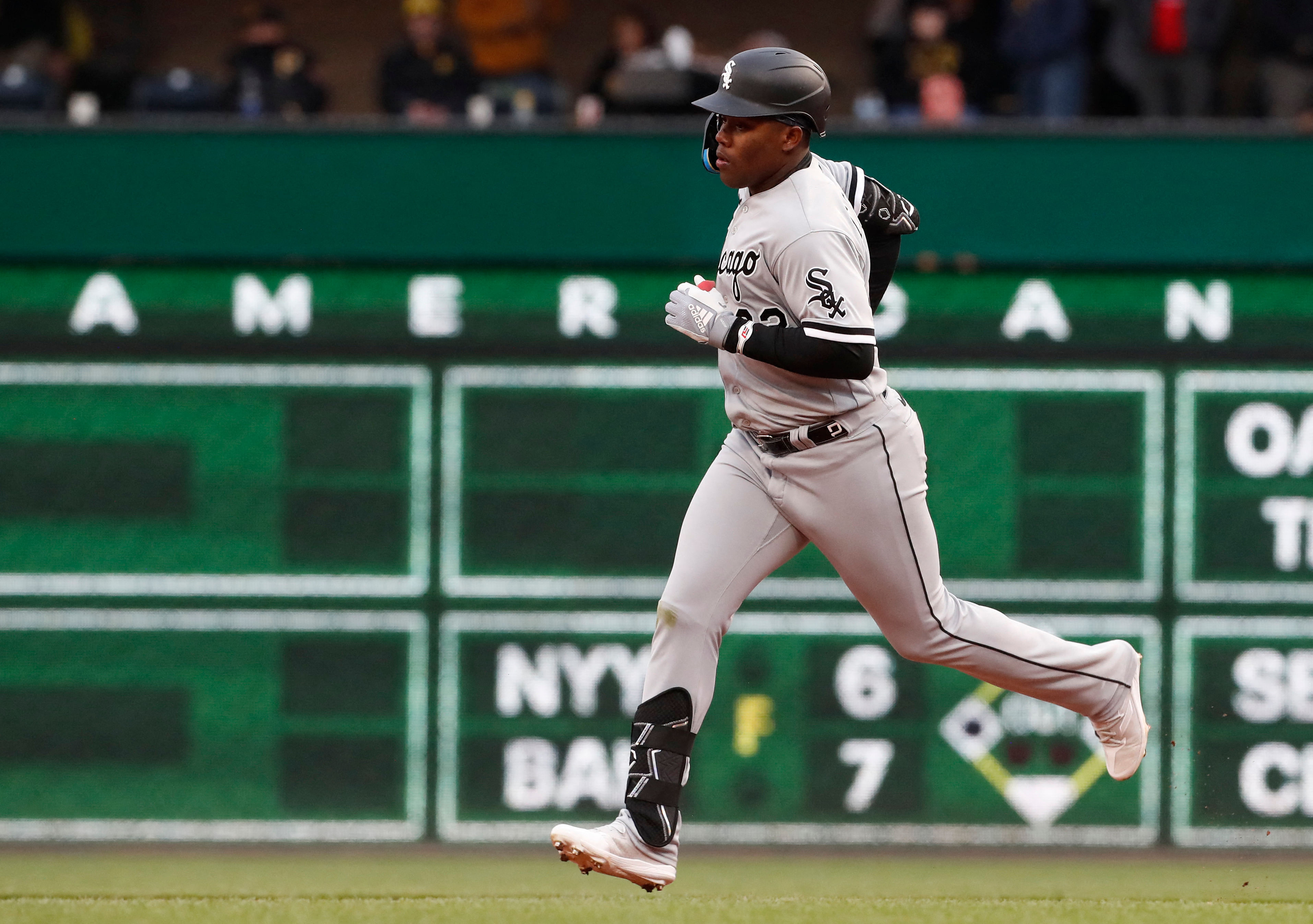 Apr 7, 2023; Pittsburgh, Pennsylvania, USA;  Chicago White Sox right fielder Oscar Colas  rounds the bases on a solo home run against the Pittsburgh Pirates during the ninth inning at PNC Park. The Pirates won 13-9. Mandatory Credit: Charles LeClaire-USA TODAY Sports