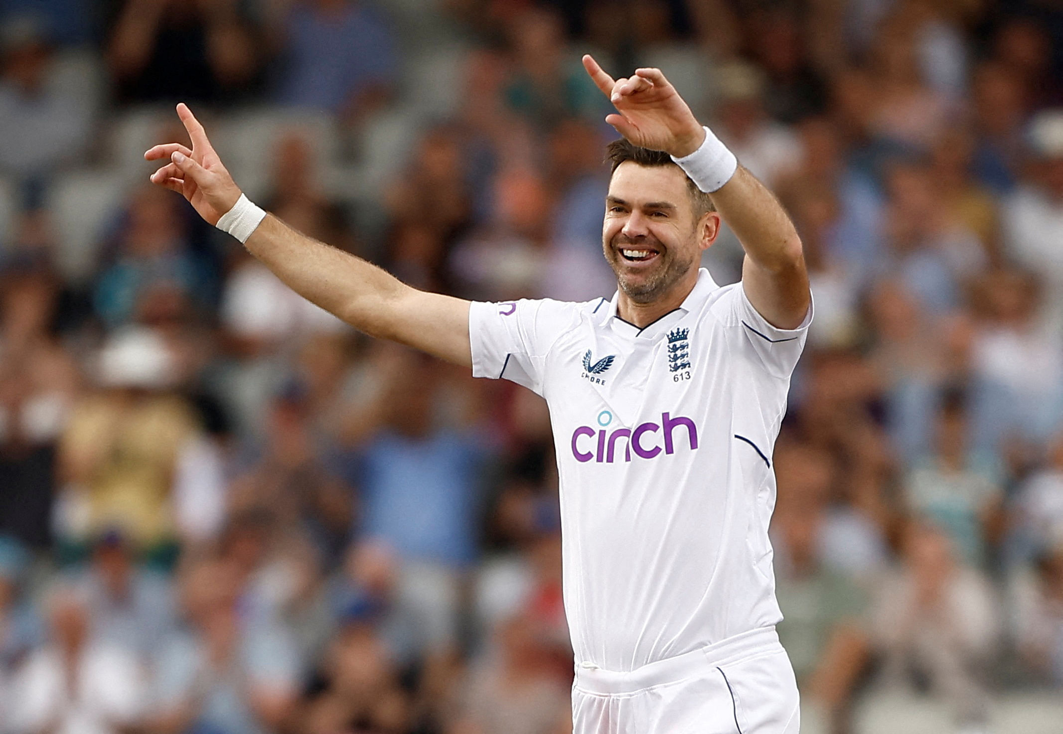 FILE PHOTO: Cricket - Second Test - England v South Africa - Emirates Old Trafford, Manchester, Britain - August 27, 2022 England's James Anderson celebrates taking the wicket of South Africa's Simon Harmer Action Images via Reuters/Jason Cairnduff/File Photo