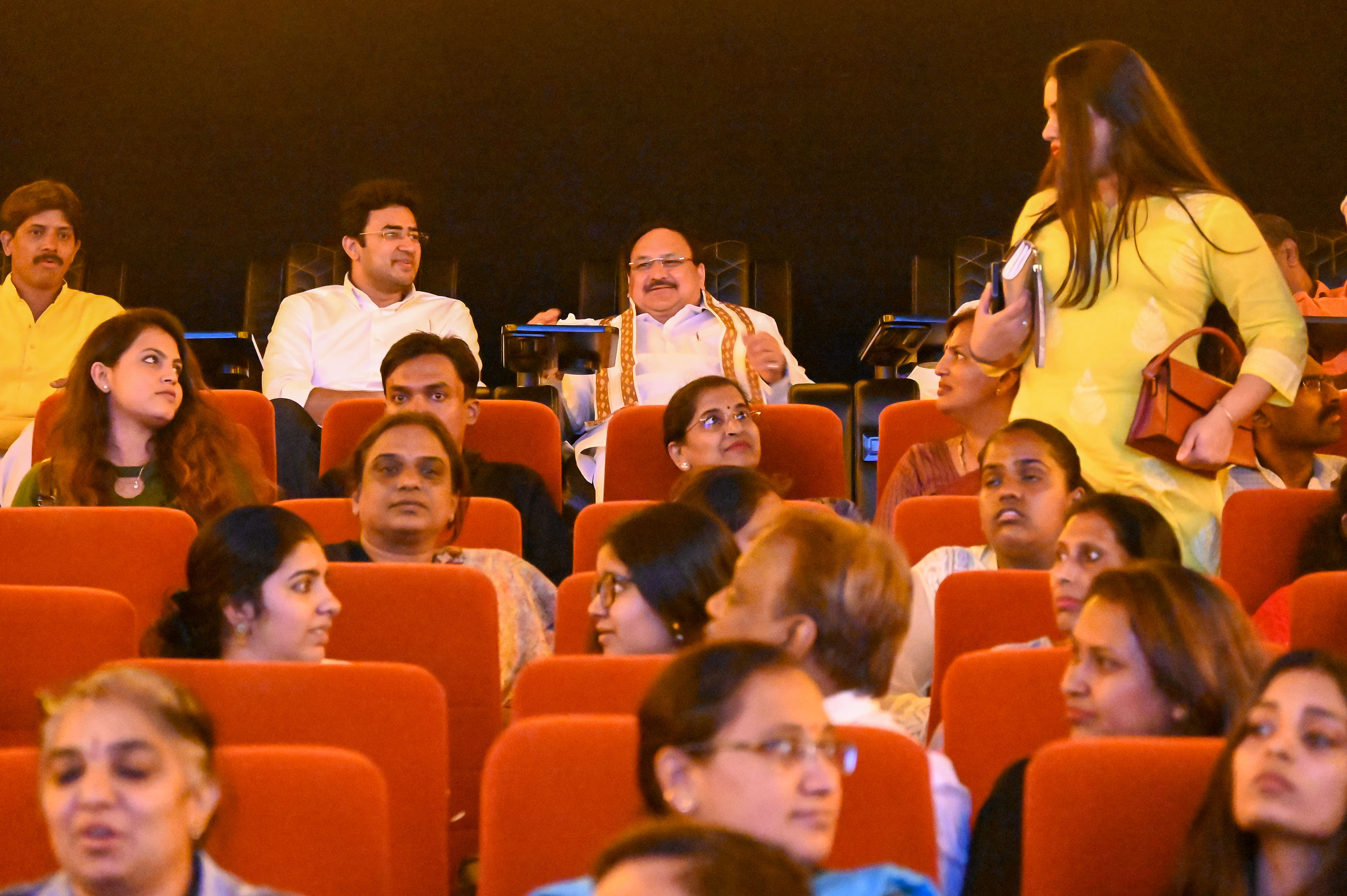 BJP national president J P Nadda and Bangalore South Lok Sabha member Tejasvi Surya watch the movie "The Kerala Story" at the Inox theater, Garuda Mall, Bengaluru on Sunday. DH Photo/ B H Shivakumar