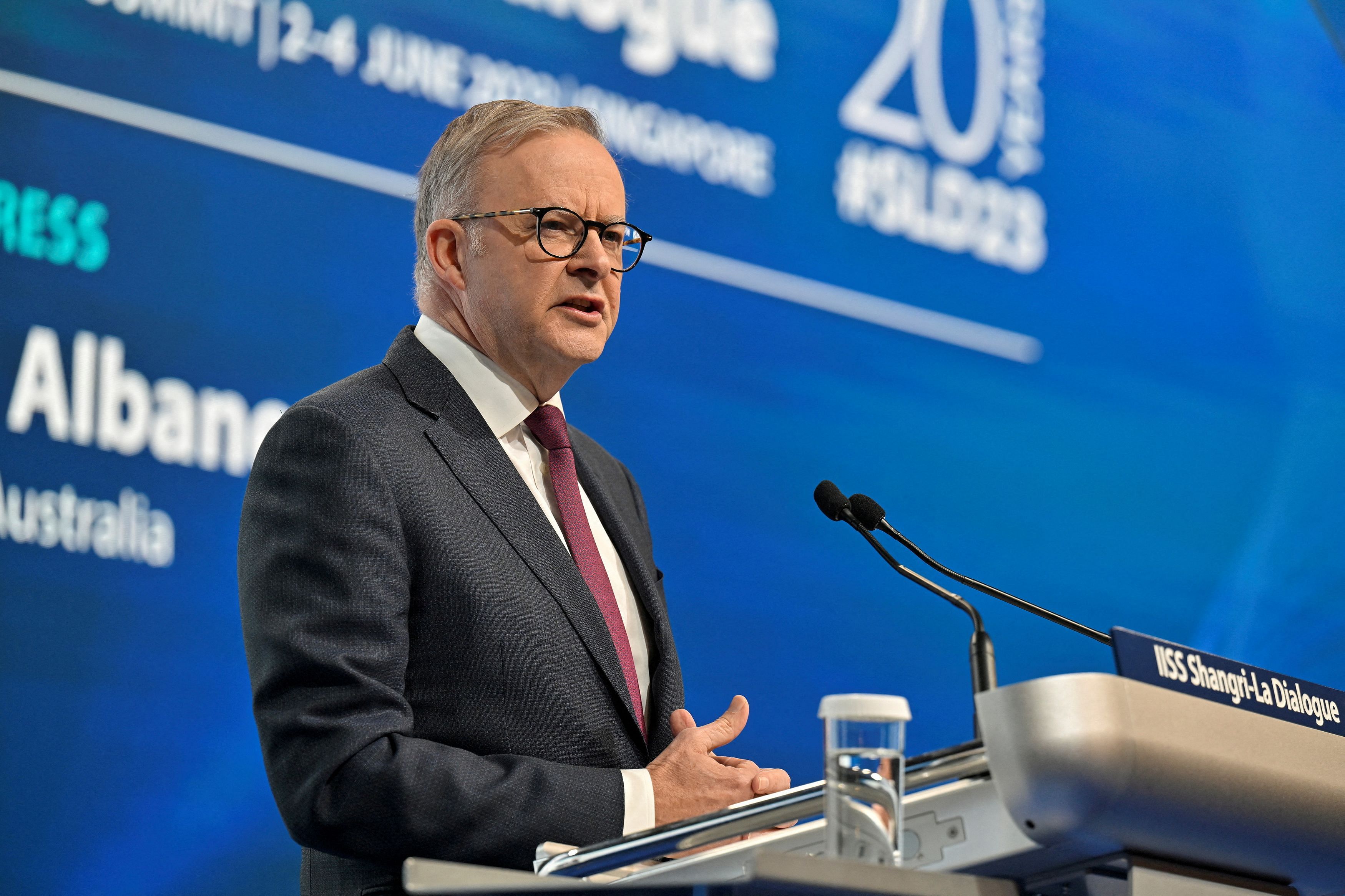 FILE PHOTO: Australia's Prime Minister Anthony Albanese gives the keynote address for the 20th IISS Shangri-La Dialogue in Singapore June 2, 2023. REUTERS/Caroline Chia/File Photo