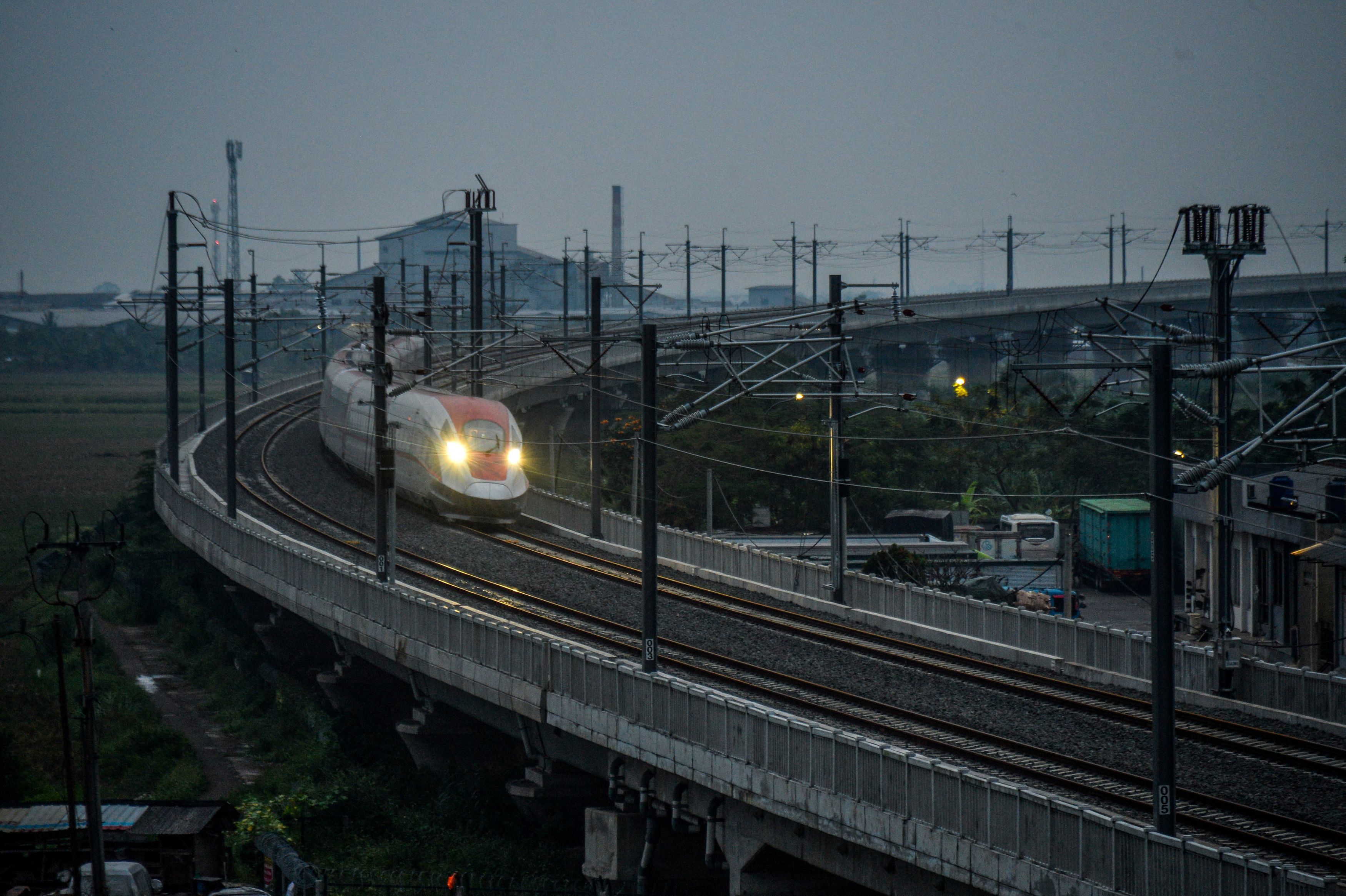 An electric Multiple Unit high-speed train is seen during Hot Sliding Test in Tegalluar, Bandung, West Java province, Indonesia, May 19, 2023, in this photo taken by Antara Foto. Antara Foto/Raisan Al Farisi/via REUTERS ATTENTION EDITORS - THIS IMAGE HAS BEEN SUPPLIED BY A THIRD PARTY. MANDATORY CREDIT. INDONESIA OUT. NO COMMERCIAL OR EDITORIAL SALES IN INDONESIA.