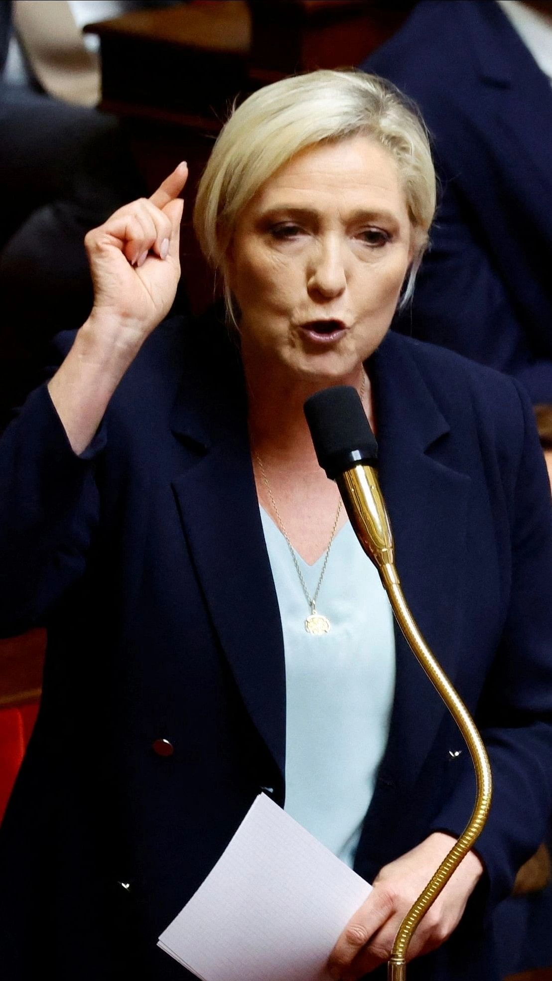 Marine Le Pen, member of parliament and president of the French far-right National Rally  party parliamentary group, speaks during a debate on an opposition-sponsored motion by the LIOT grouping of centrist lawmakers to overturn the French government's pension reform law that raised the retirement age to 64, at the National Assembly in Paris, France, June 8, 2023. REUTERS/Sarah Meyssonnier