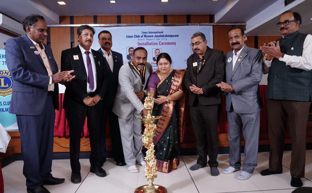 S Subramanya 1st vice district governor district 317G K L Rajashekara 2nd vice district governor N S Muralidhara National vice president of BAI Sathish The Nest immediate past president during the installation ceremony of Lion N Mahadevaswamy as President and his team for the year 2023-24 of the Lions Club of Mysore Jayalakshmipuram recently.