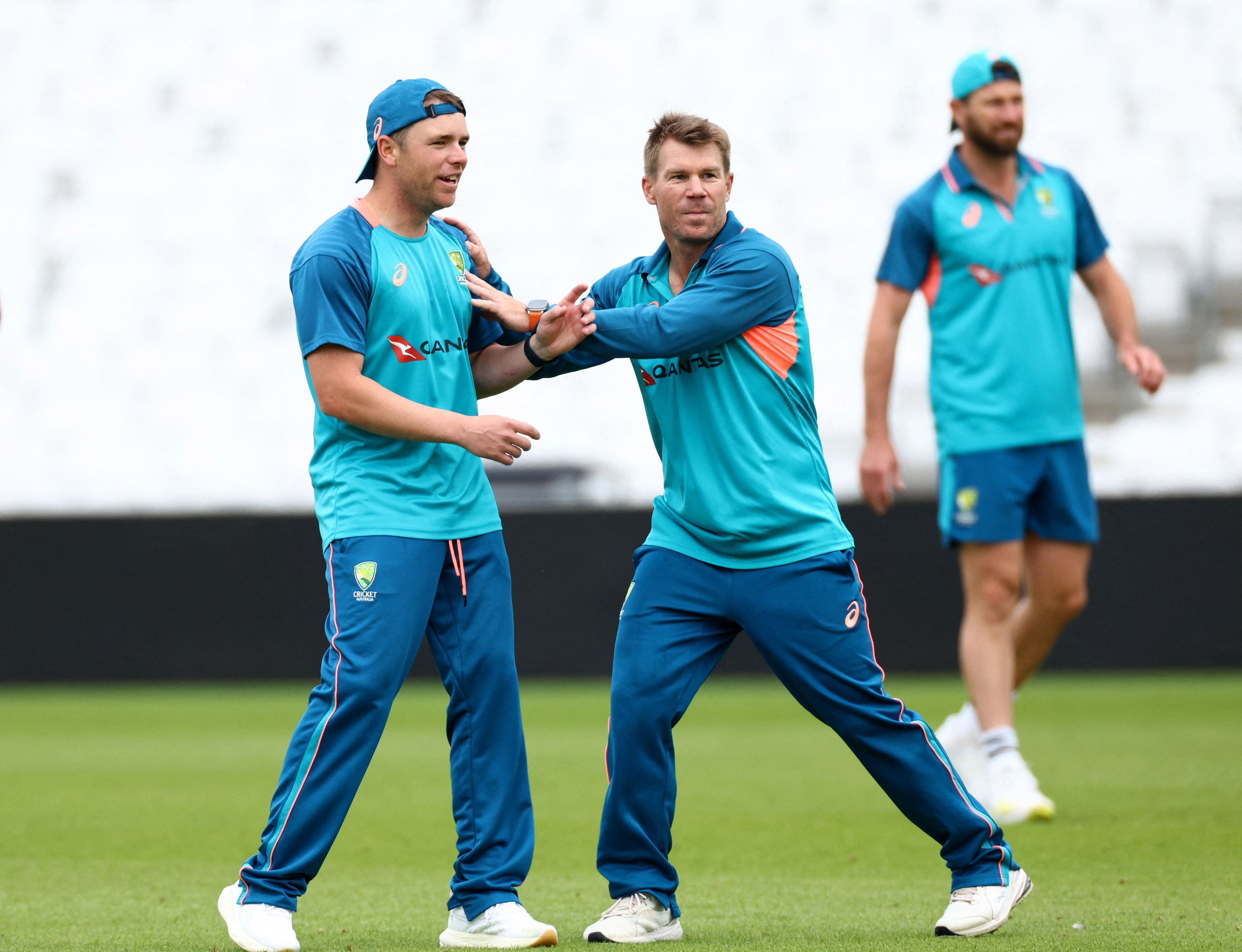 Cricket - Ashes - Fifth Test - Australia Practice - The Oval, London, Britain - July 25, 2023 Australia's Marcus Harris and David Warner during practice Action Images via Reuters/Andrew Boyers