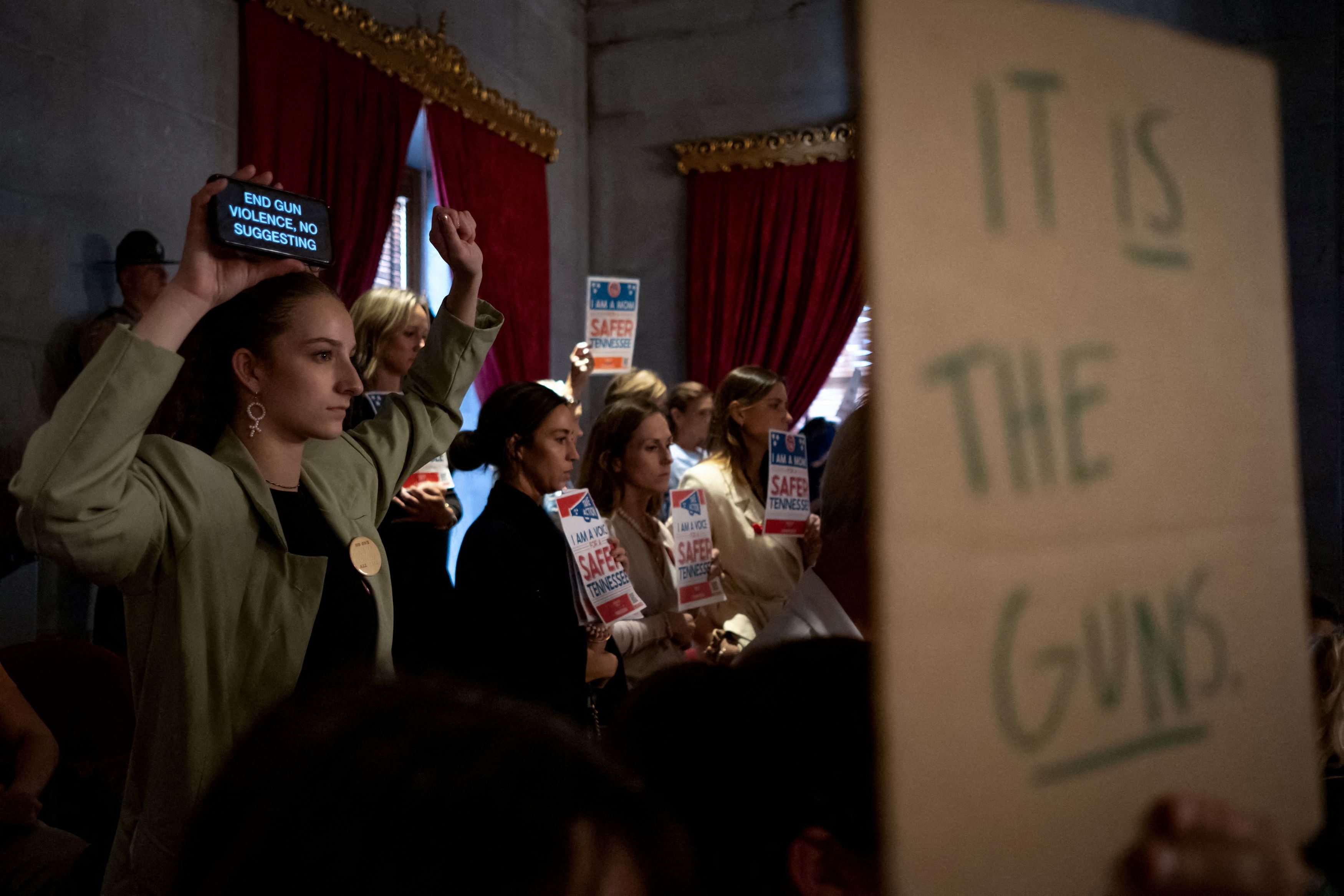 <div class="paragraphs"><p>Gun reform activists hold signs in the house gallery at the Tennessee State Capitol building during a special session on public safety to discuss gun violence, in the wake of the Covenant School shooting in Nashville, Tennessee, U.S., August 28, 2023. Months after the protest, a special legislative session called by Tennessee's Republican.</p></div>