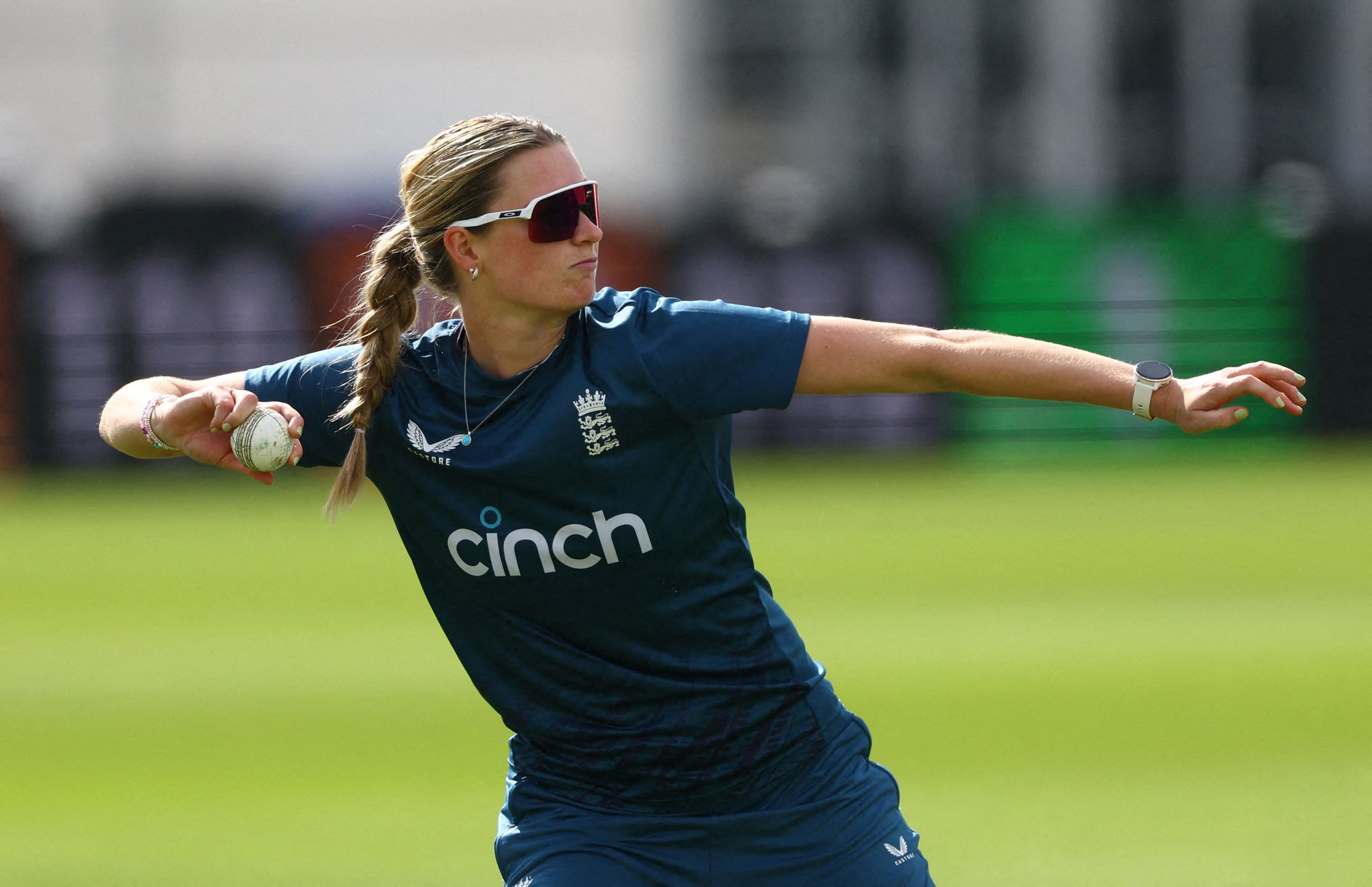 FILE PHOTO: Cricket - Women's T20 International - England v Sri Lanka Practice Sessions - The 1st Central County Ground Hove, Hove, Britain - August 30, 2023 England's Lauren Bell during practice Action Images via Reuters/Matthew Childs/File Photo