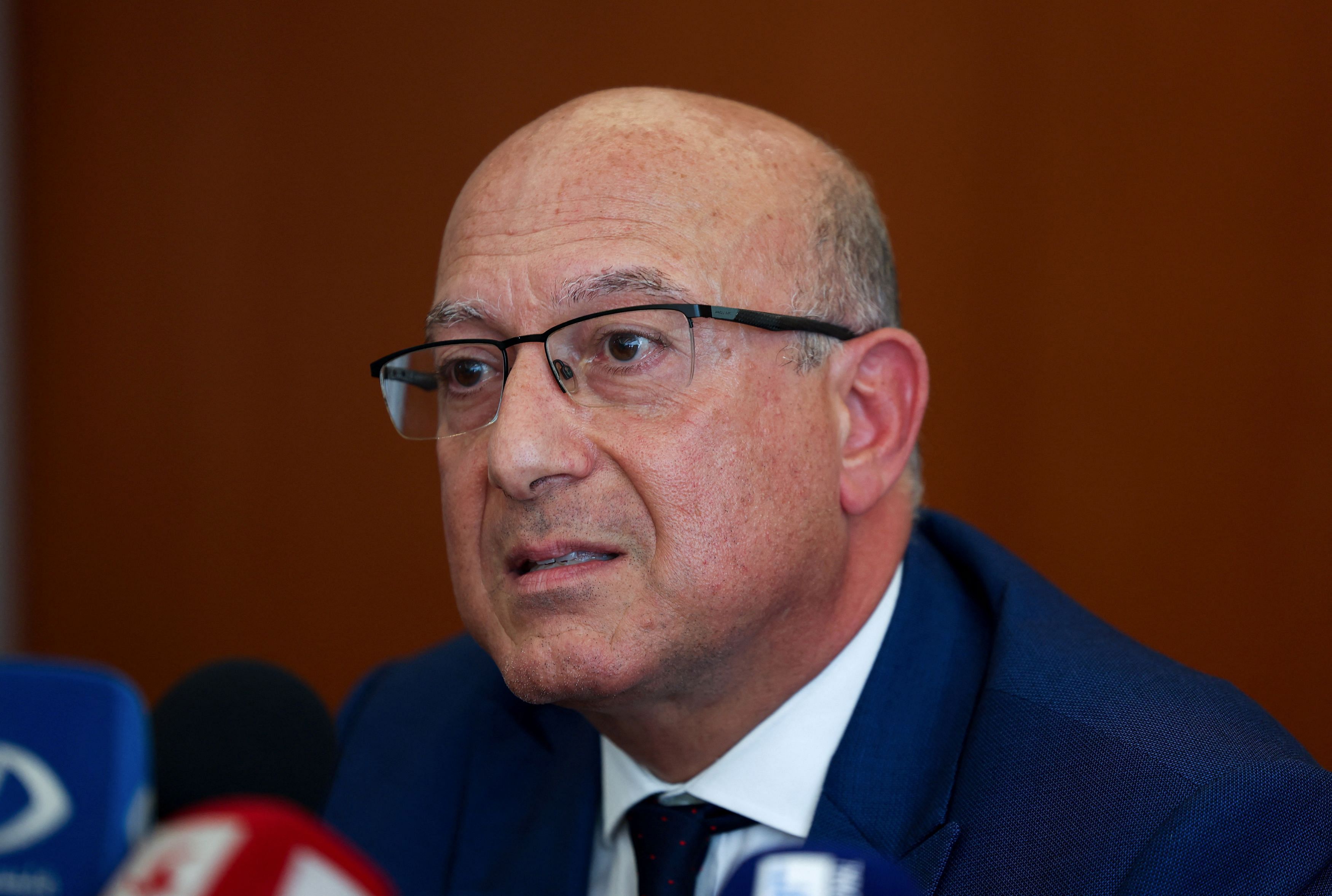 President of the Lebanese Doctors Syndicate, Youssef Bakhash, speaks during a joint press conference with Lebanese caretaker Health Minister Firass Abiad , in Beirut, Lebanon September 20, 2024. REUTERS/Mohamed Azakir