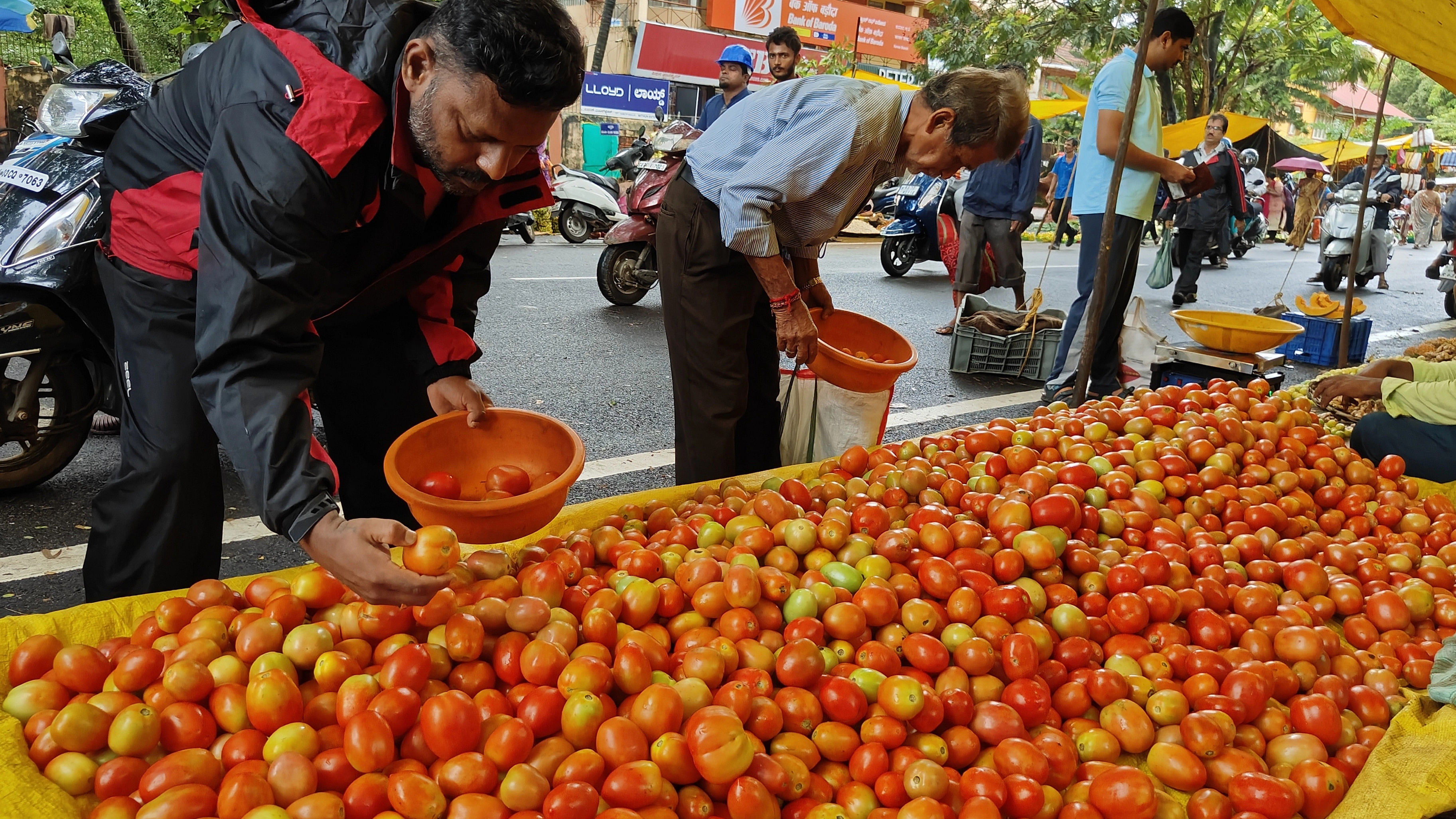 ಗ್ರಾಹಕರು ಟೊಮೆಟೊ ಖರೀದಿಯಲ್ಲಿ ತೊಡಗಿದ್ದರು