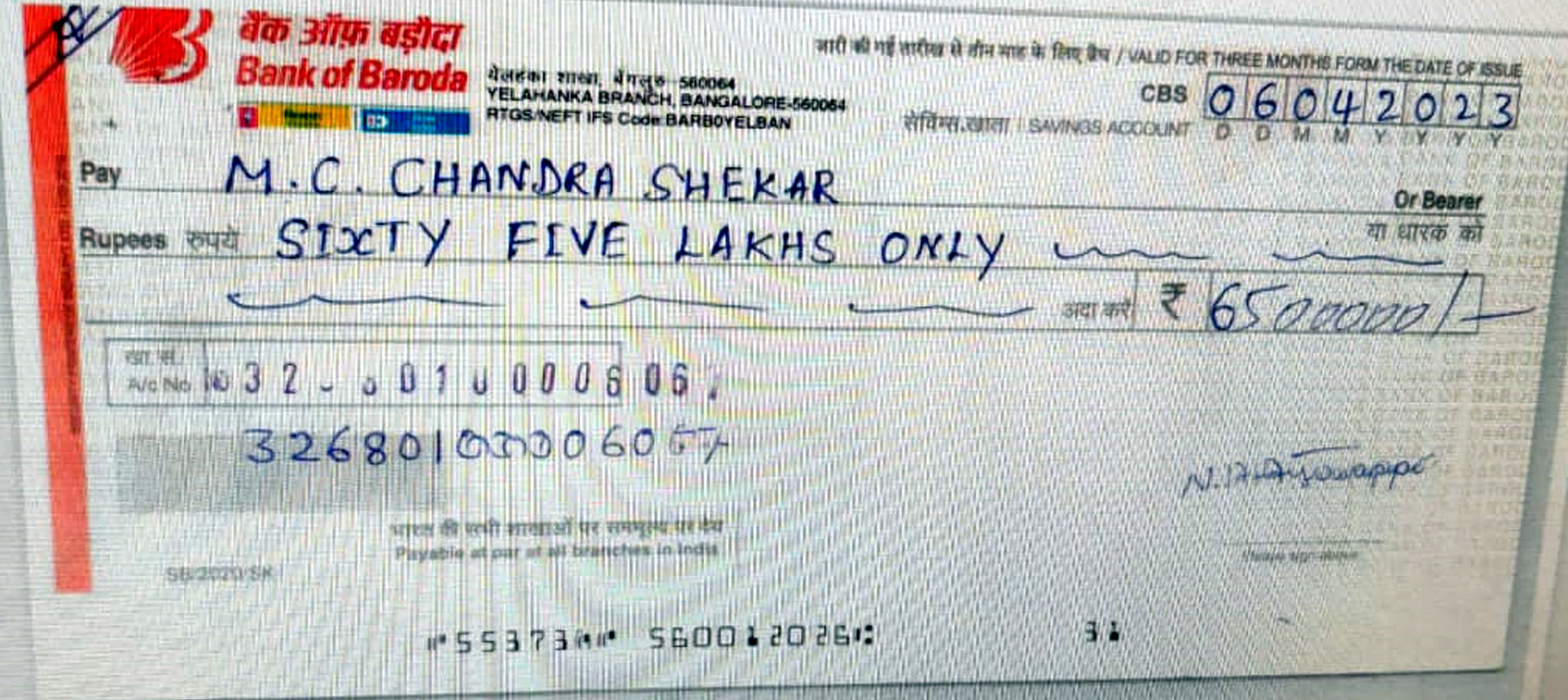 ₹5 ಲಕ್ಷದ ಚೆಕ್ ಅನ್ನು ₹65 ಲಕ್ಷ ಎಂದು ತಿದ್ದಲಾಗಿರುವ ಚೆಕ್‌