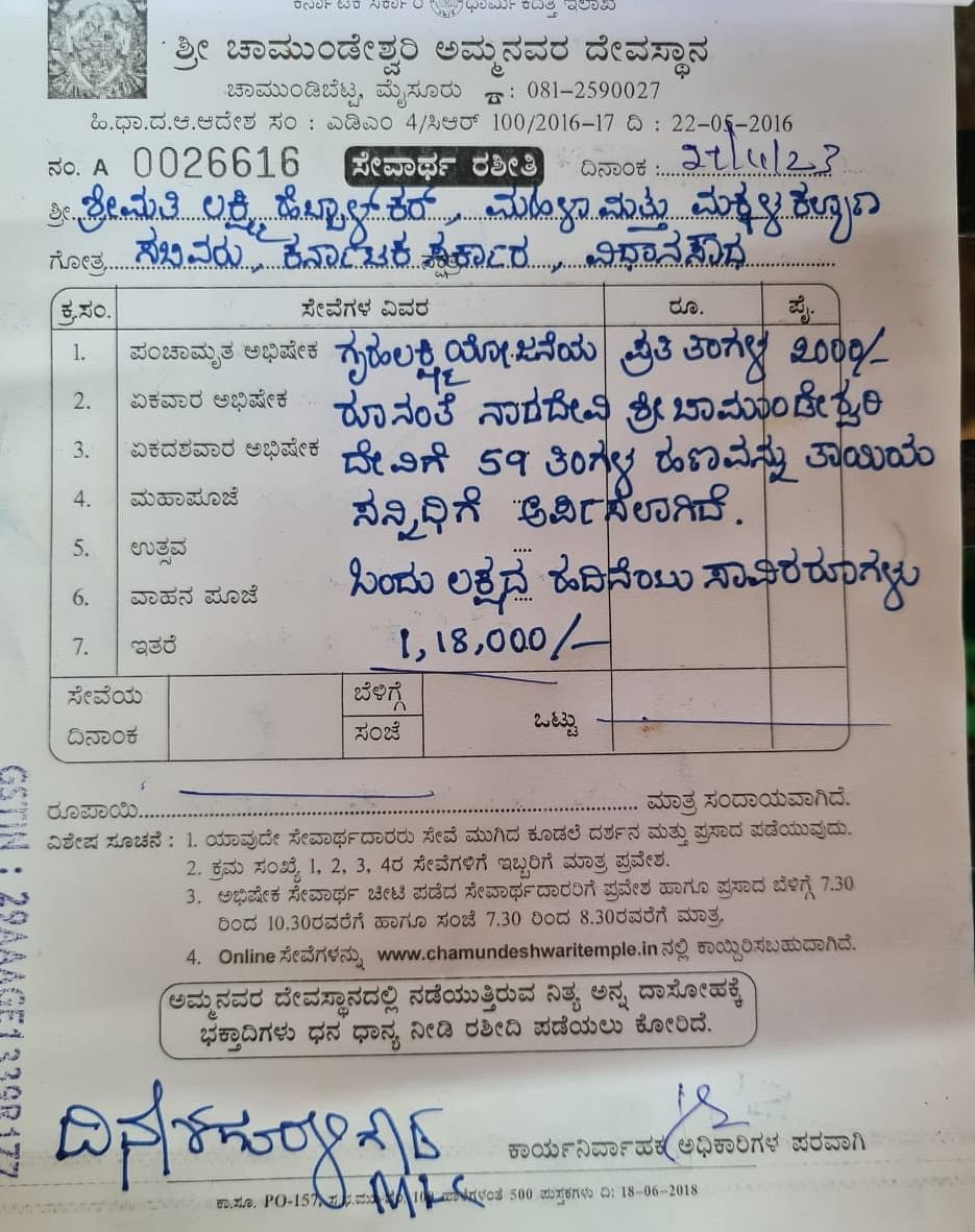 ಮೈಸೂರಿನ ಚಾಮುಂಡೇಶ್ವರಿ ದೇವಿಗೆ 59 ತಿಂಗಳ ಗೃಹಲಕ್ಷ್ಮಿ ಯೋಜನೆಯ ₹ 1.18 ಲಕ್ಷ ಹಣವನ್ನು, ಸಚಿವೆ ಲಕ್ಷ್ಮಿ ಹೆಬ್ಬಾಳ್ಕರ್‌ ಸಲ್ಲಿಸಿರುವ ರಸೀದಿ