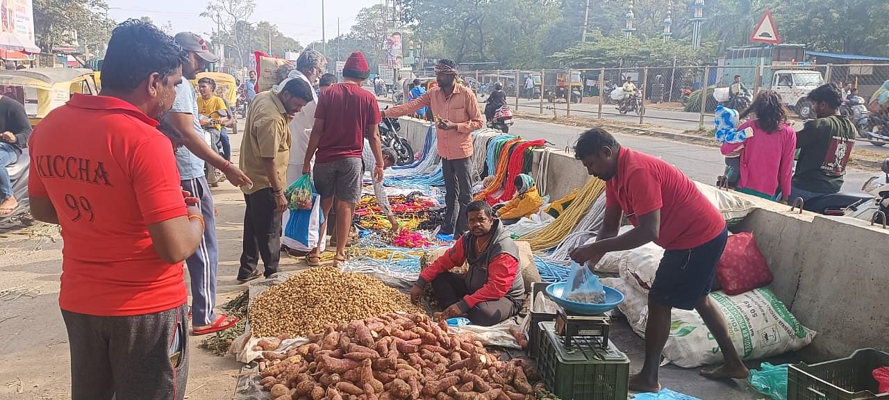 ಸಂಕ್ರಾಂತಿ ಹಬ್ಬದ ಅಂಗವಾಗಿ ರಾಮನಗರದ ಎಪಿಎಂಸಿ ಮಾರುಕಟ್ಟೆ ಹೊರಭಾಗದಲ್ಲಿ ಜನ ಕಡಲೆಕಾಯಿ, ಗೆಣಸು ಹಾಗೂ ಜಾನುವಾರು ಅಲಂಕಾರಿಕ ವಸ್ತುಗಳನ್ನು ಖರೀದಿಸಿದರು